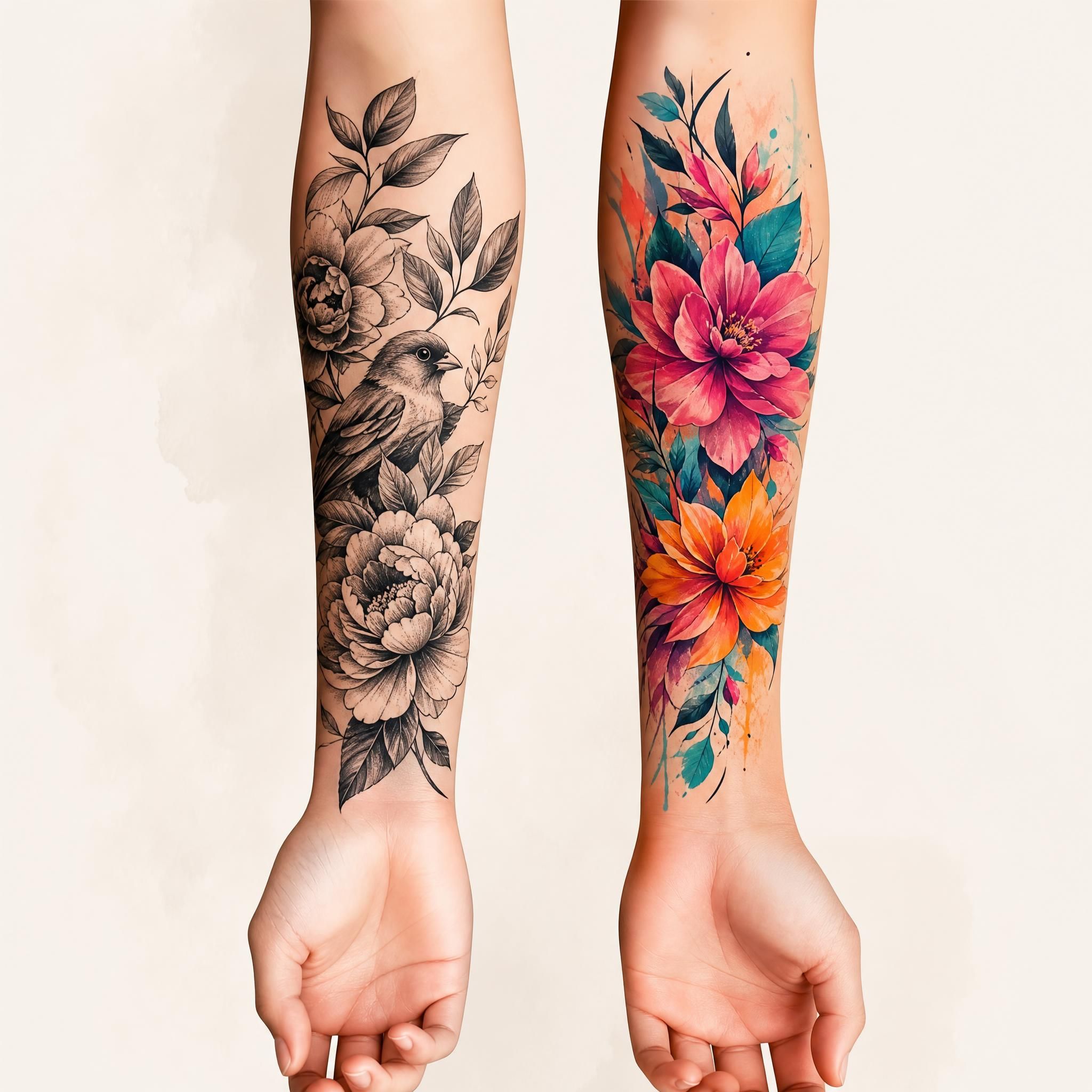Illustration illustrative montrant deux avant-bras stylisés côte à côte, l'un avec un tatouage en noir et gris, l'autre avec un tatouage en couleurs vives, style artistique sans texte