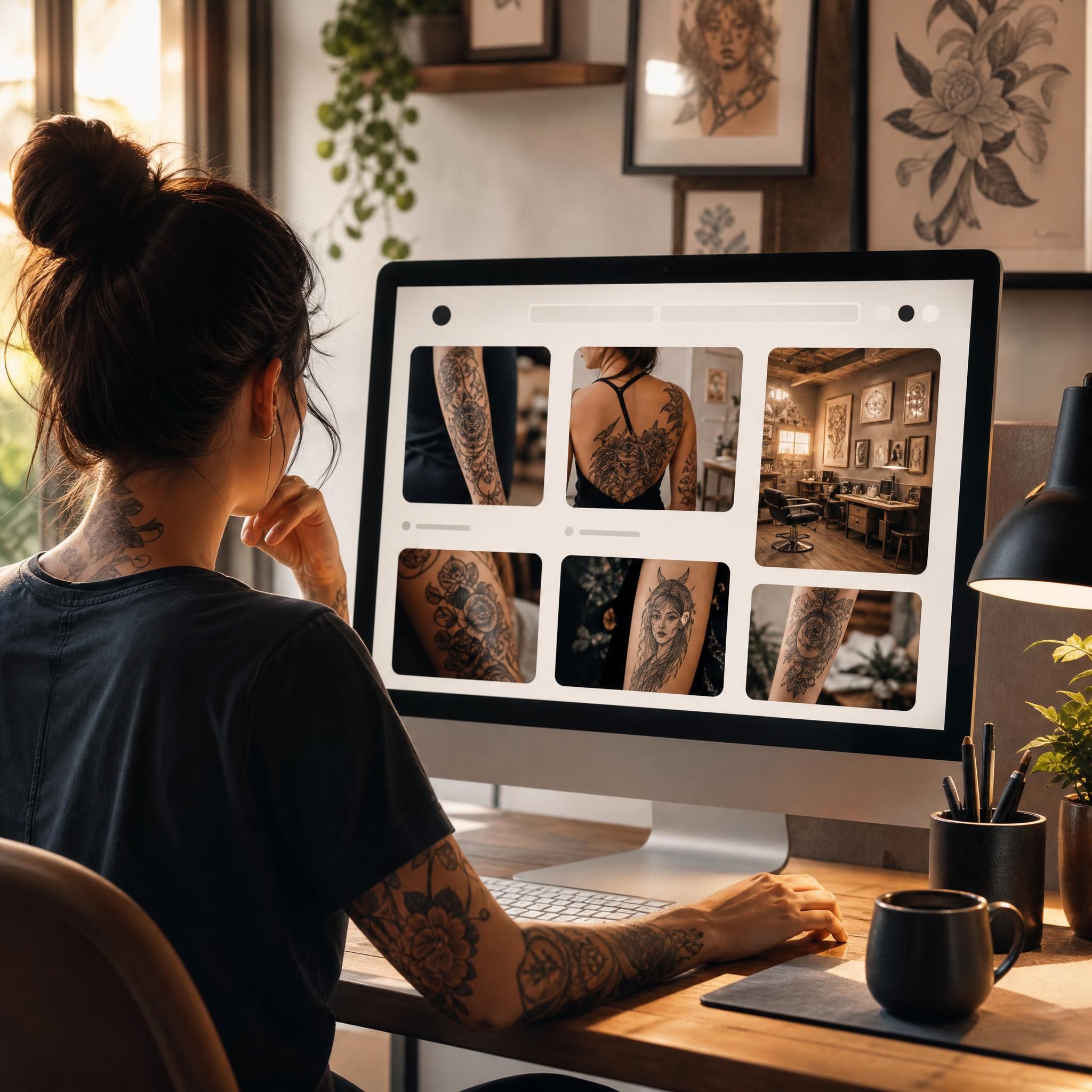Illustration illustrative montrant une personne devant un écran d'ordinateur avec une interface de recherche de tatoueur, style chaleureux et inspirant, sans texte