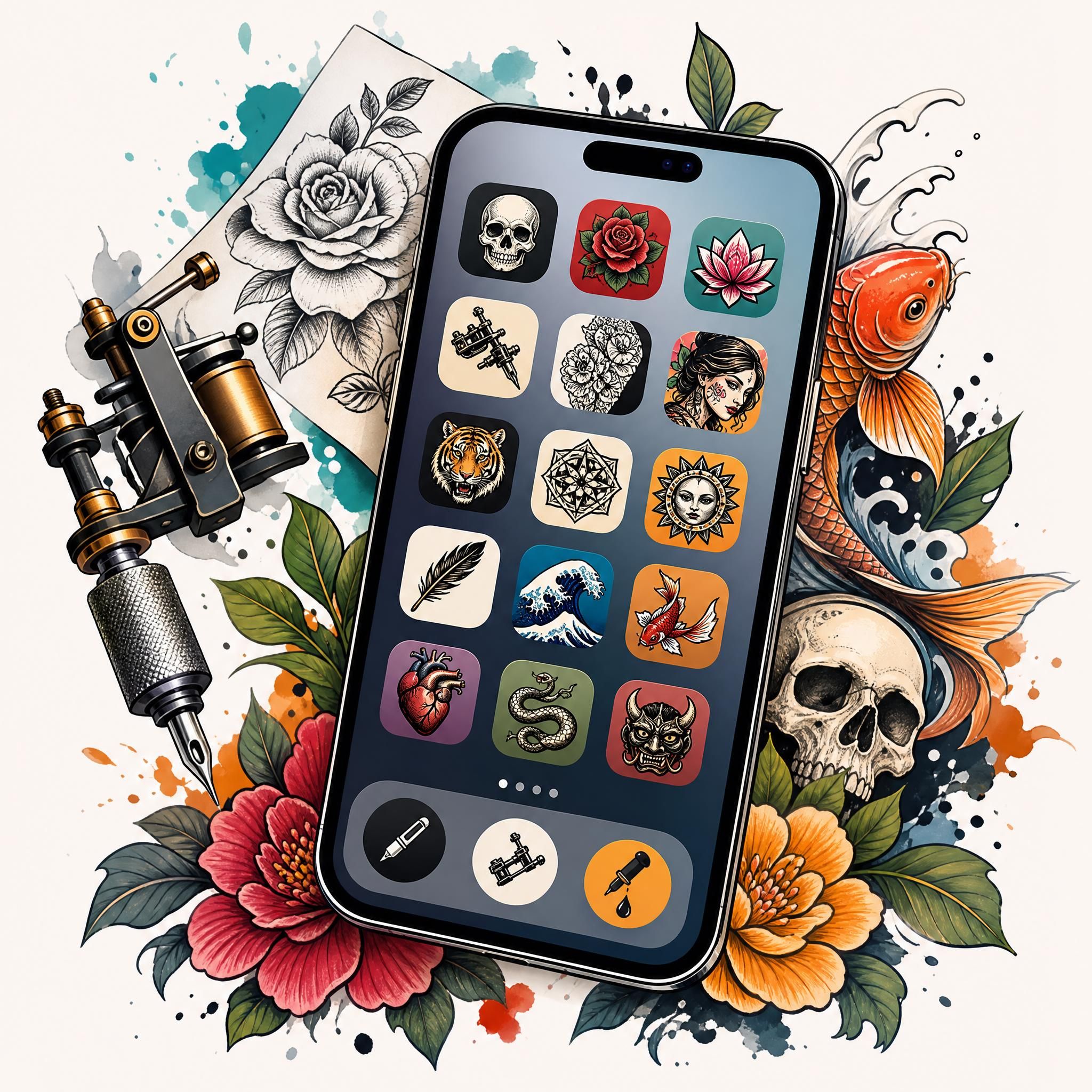 Illustration colorée et illustrative montrant un smartphone avec des icônes d'applications de tatouage, des éléments graphiques de tatouage autour, style moderne et dynamique, sans texte