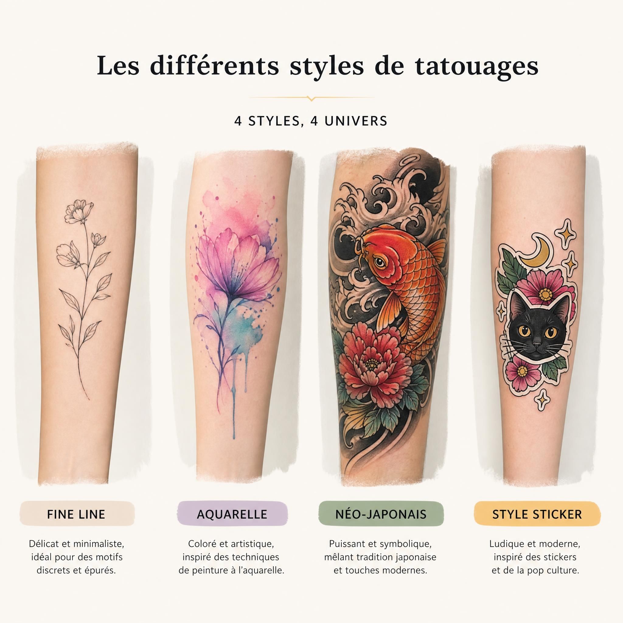 Illustration illustrative montrant plusieurs styles de tatouages côte à côte : fine line, aquarelle, néo-japonais, style sticker, sur fond neutre et épuré