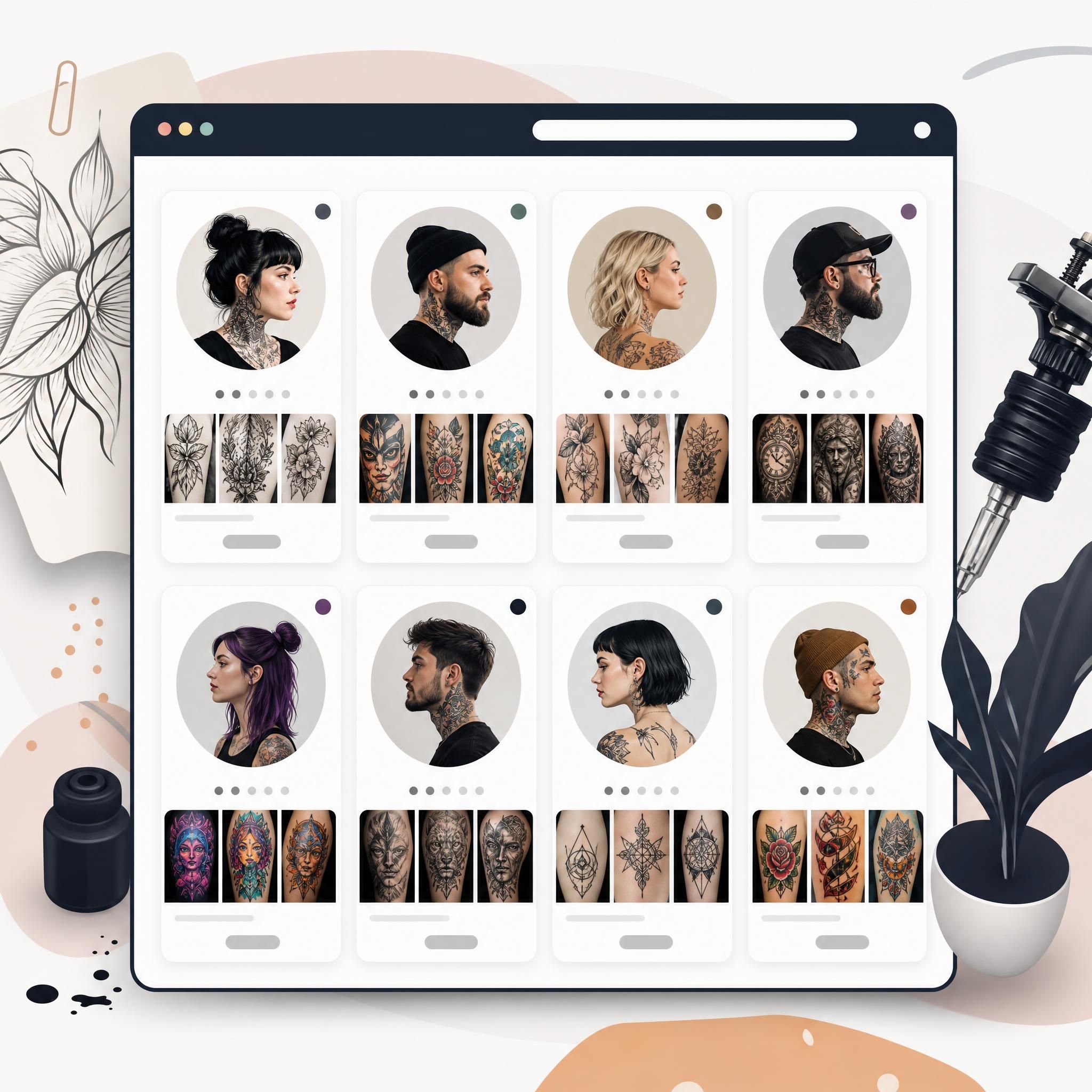 Illustration illustrative d'un annuaire numérique de tatoueurs avec des vignettes de profils artistiques variés, style graphique moderne, sans texte