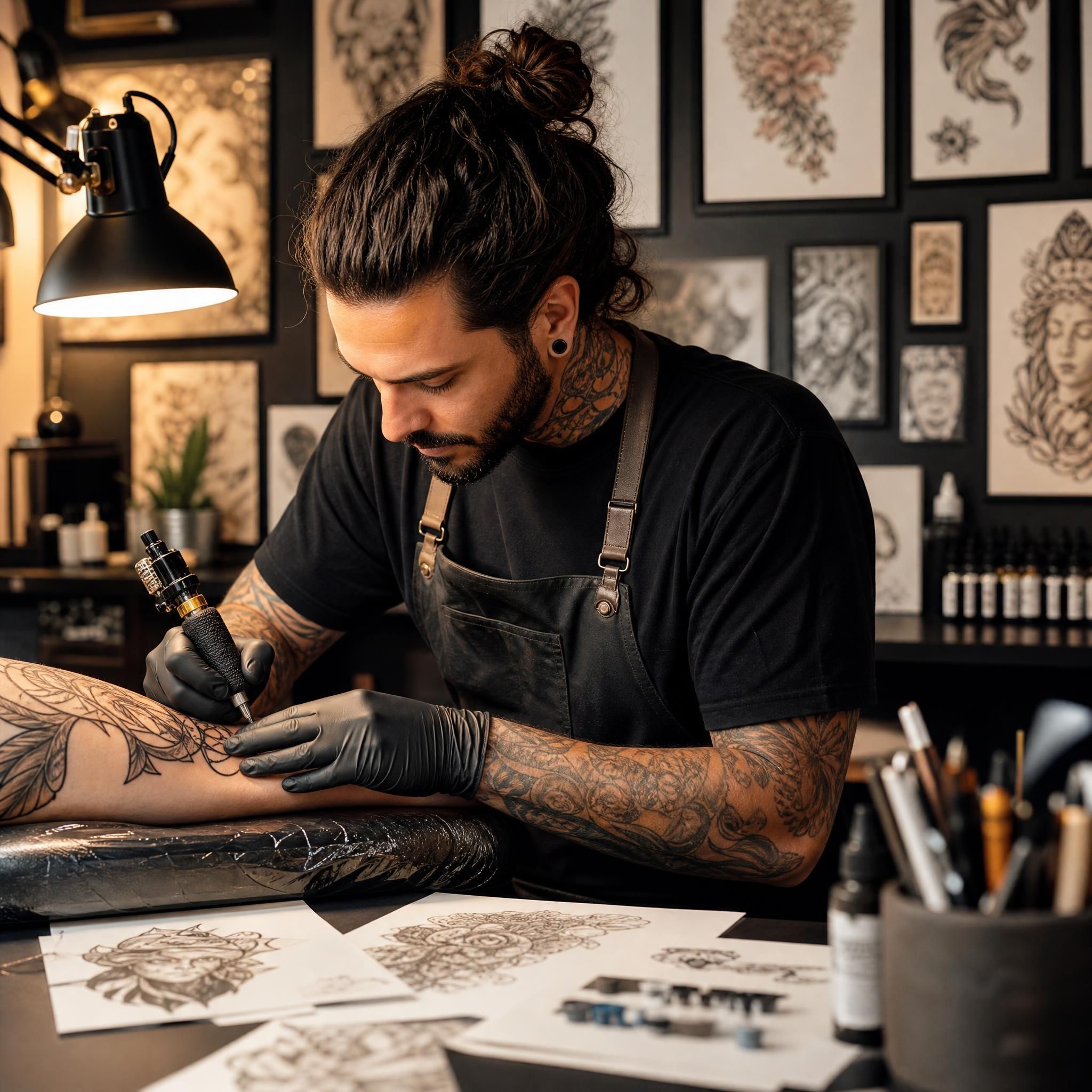 Illustration illustrative d'un artiste tatoueur travaillant dans son studio avec différents dessins et références artistiques autour de lui, ambiance chaleureuse et professionnelle, sans texte