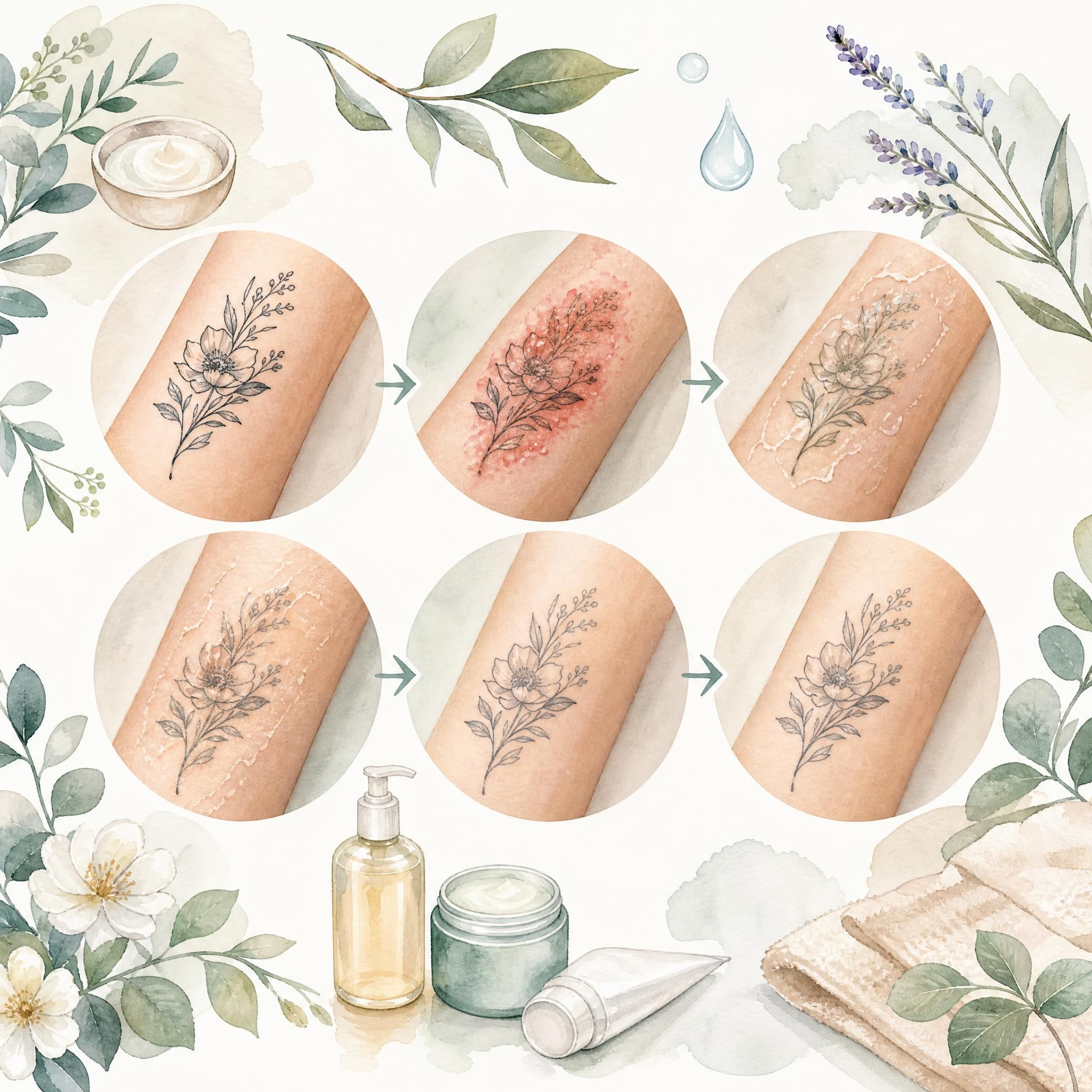 Illustration douce et illustrative montrant les étapes de cicatrisation d'un tatouage avec des éléments botaniques et des soins de peau, style aquarelle, sans texte