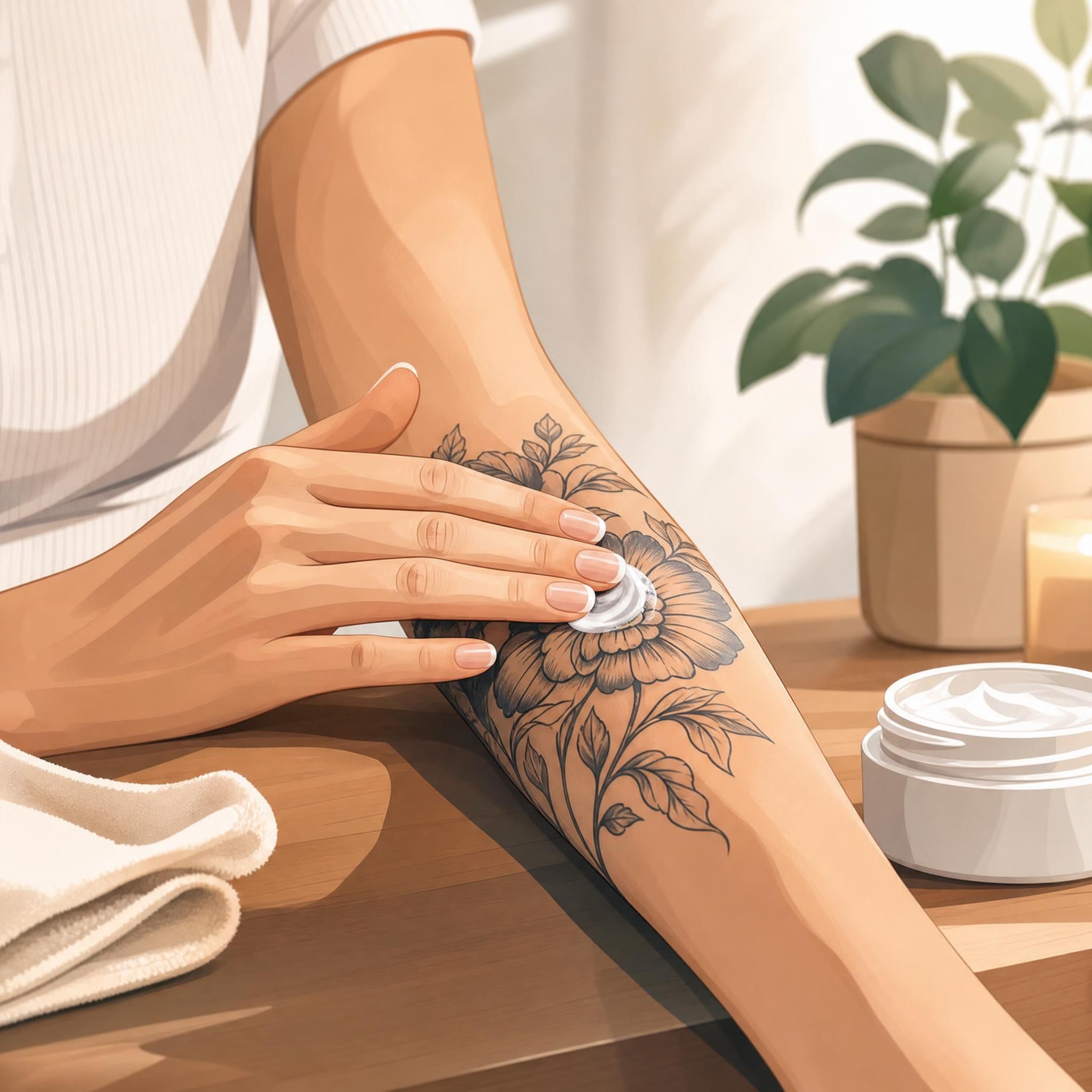 Illustration illustrative et apaisante d'une main appliquant délicatement une crème hydratante sur un tatouage, ambiance de soin et de bienveillance, sans texte