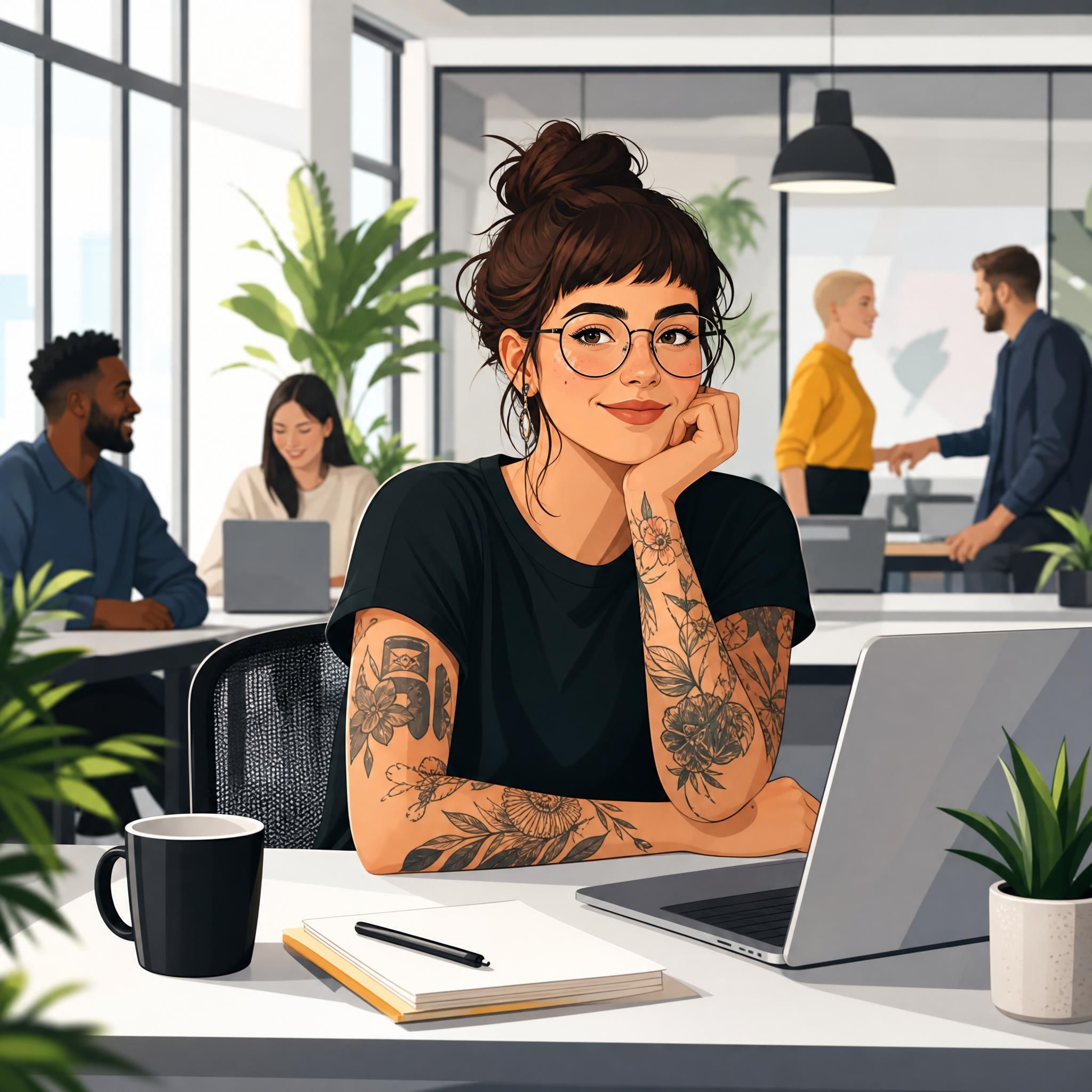 Illustration illustrative d'une personne tatouée dans un environnement professionnel moderne, dessin sans texte, ambiance positive et inclusive