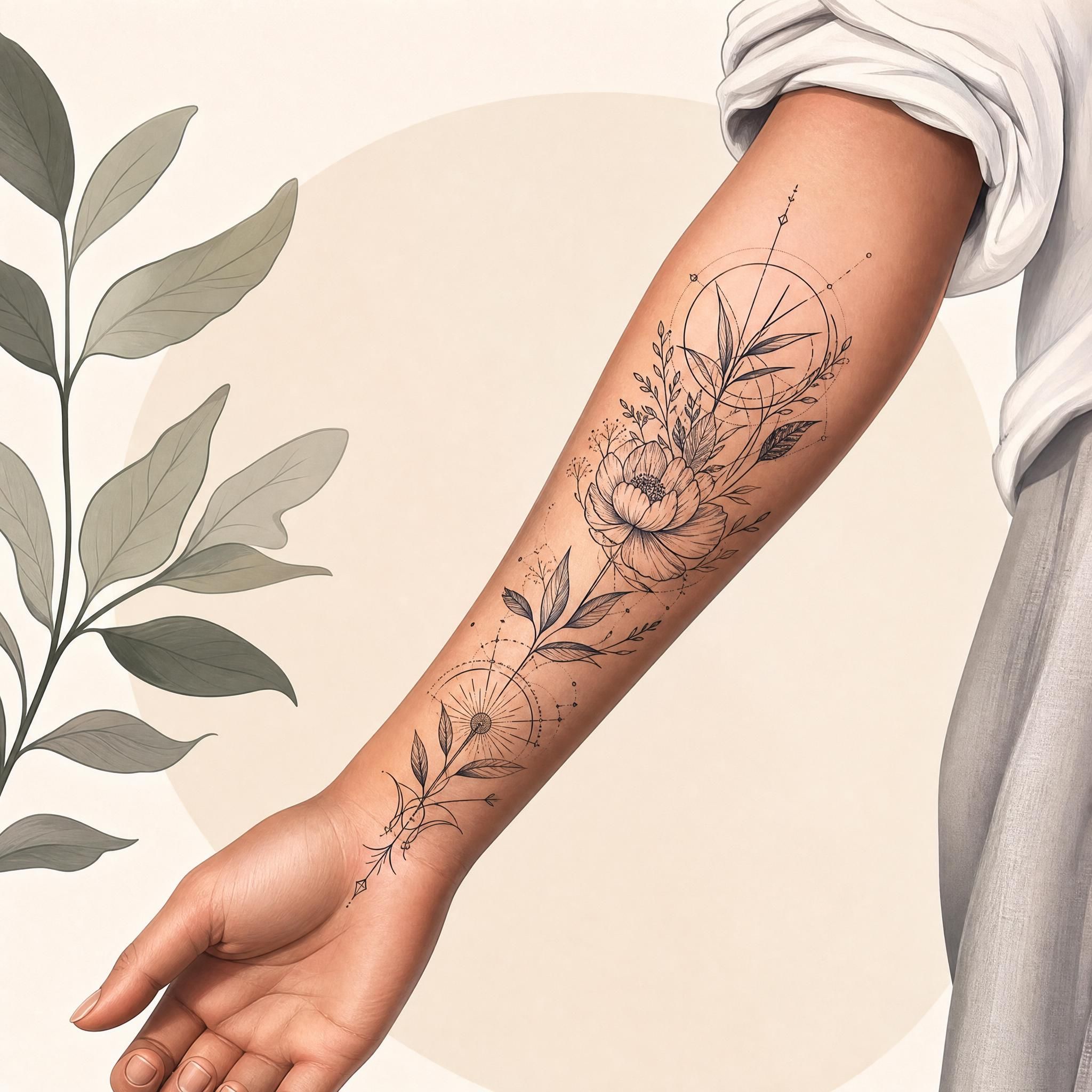 Illustration illustrative et inspirante montrant un avant-bras tatoué avec soin, motifs fins et détaillés, style illustratif sans texte