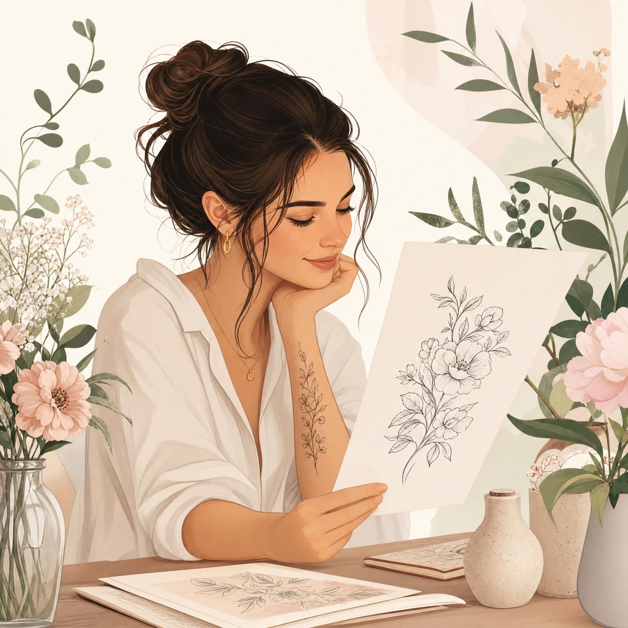 Illustration douce et bienveillante montrant une femme sereine regardant un dessin de tatouage floral, entourée de fleurs, dans un style illustratif pastel sans texte