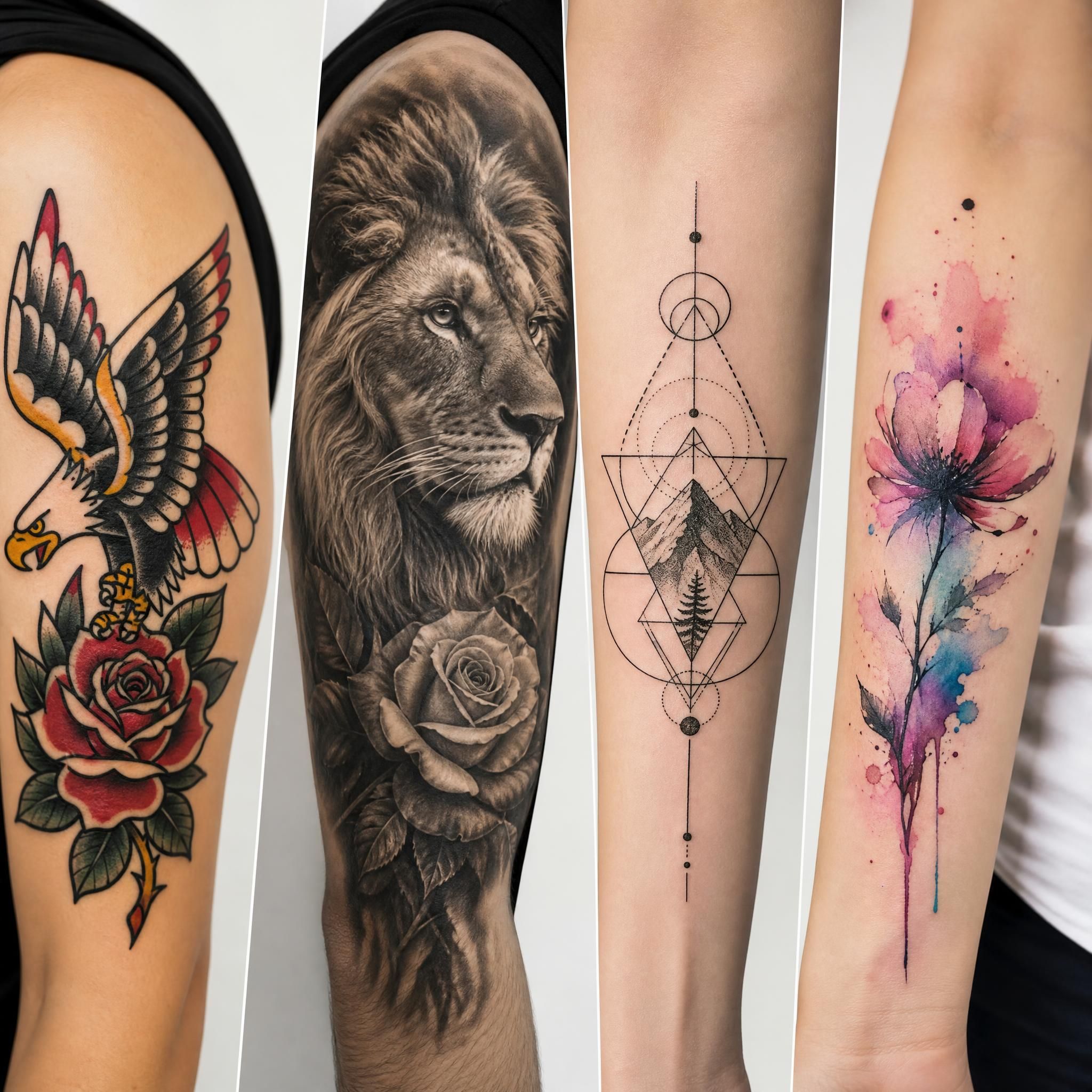 Illustration illustrative présentant différents styles de tatouage côte à côte — traditionnel, réaliste, géométrique, aquarelle — dans un format visuel comparatif sans texte