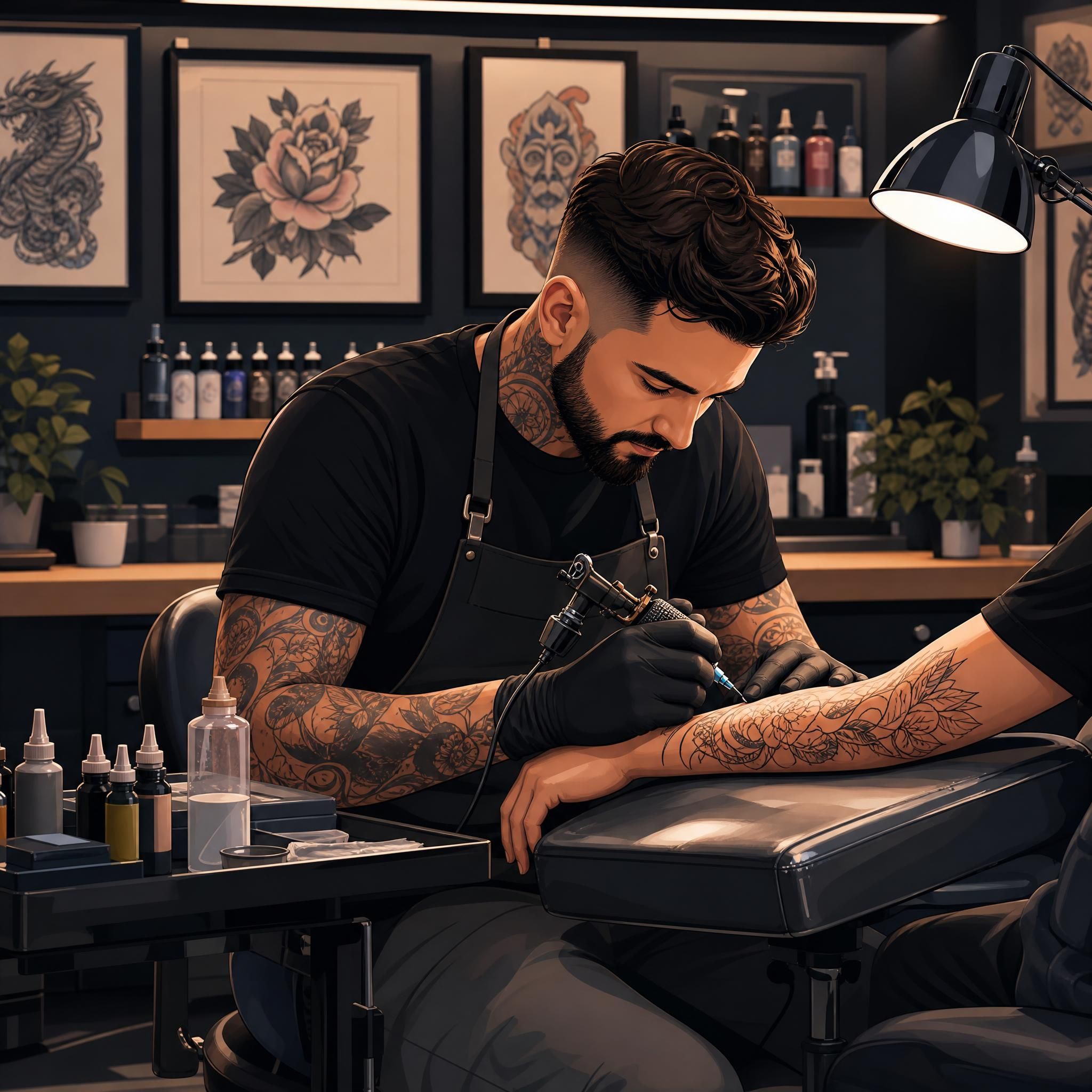 Illustration stylisée d'un tatoueur professionnel à son poste de travail avec un équipement soigné, style illustratif sans texte