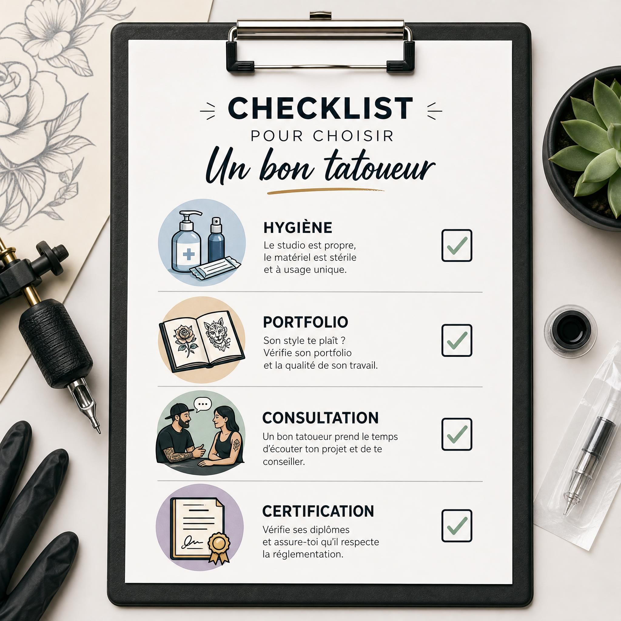 Illustration illustrative d'une checklist visuelle avec des icônes représentant les critères de sélection d'un bon tatoueur — hygiène, portfolio, consultation, certification