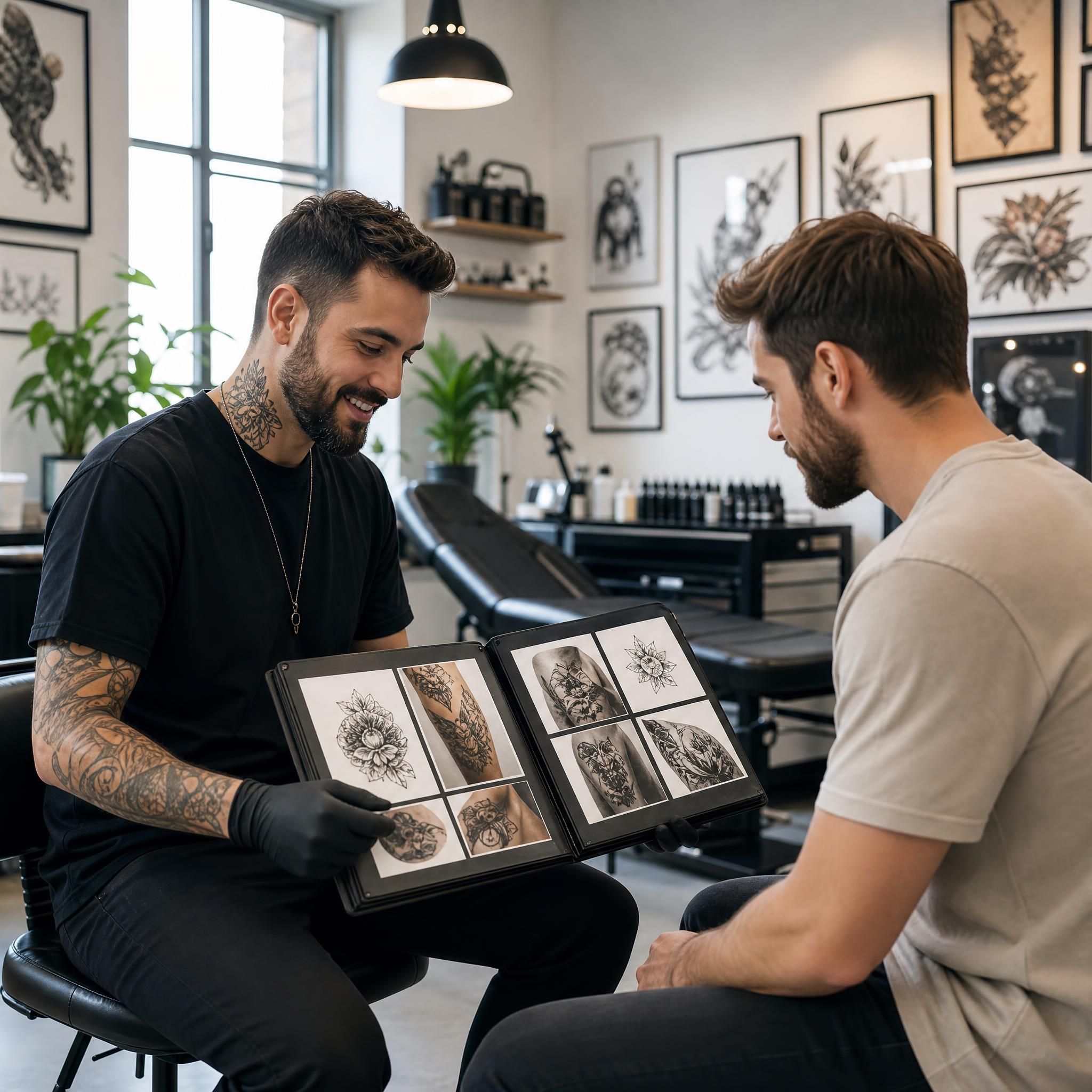 Illustration illustrative d'un tatoueur professionnel montrant son portfolio à un client dans un studio propre et lumineux, ambiance de confiance et de bienveillance, sans texte