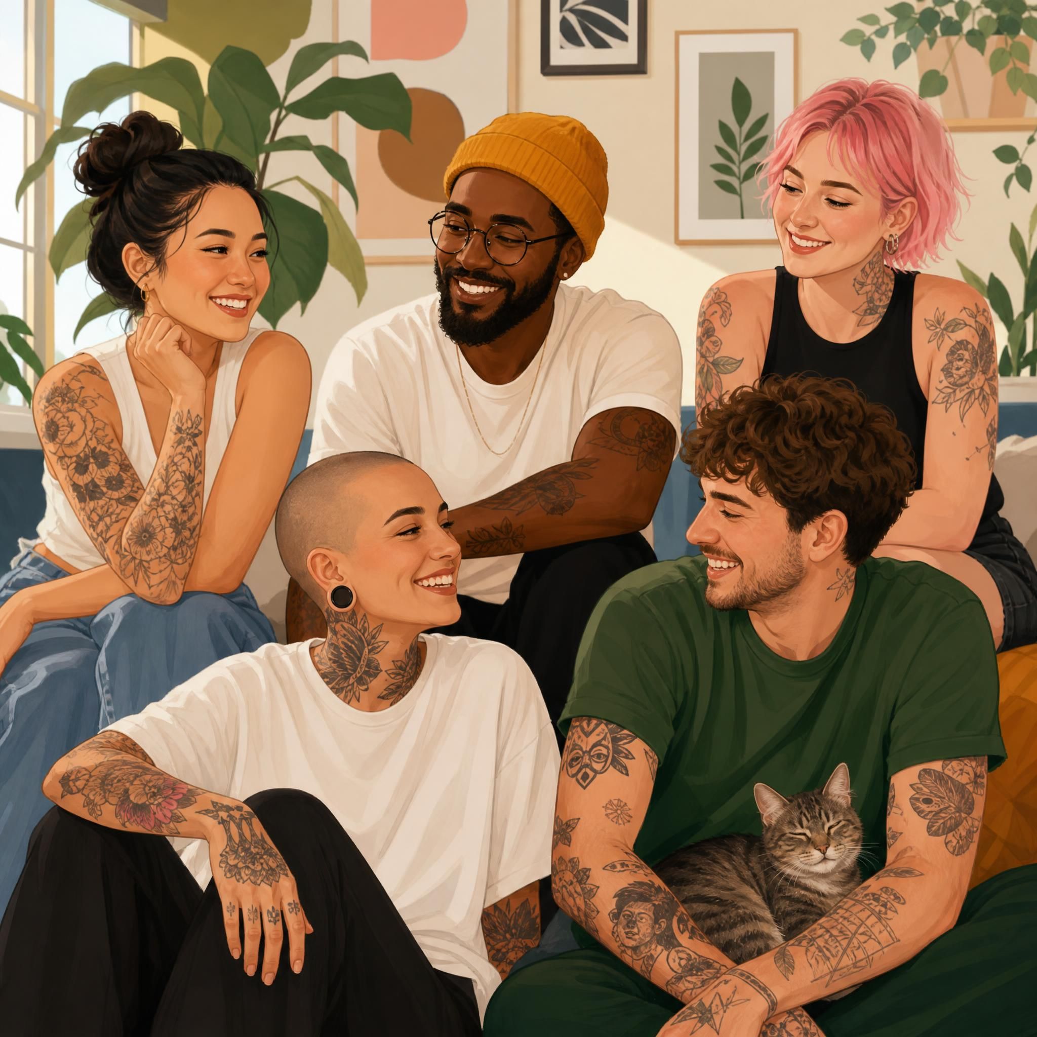 Illustration colorée et bienveillante montrant plusieurs personnes avec des tatouages différents, dans un style illustratif chaleureux sans texte