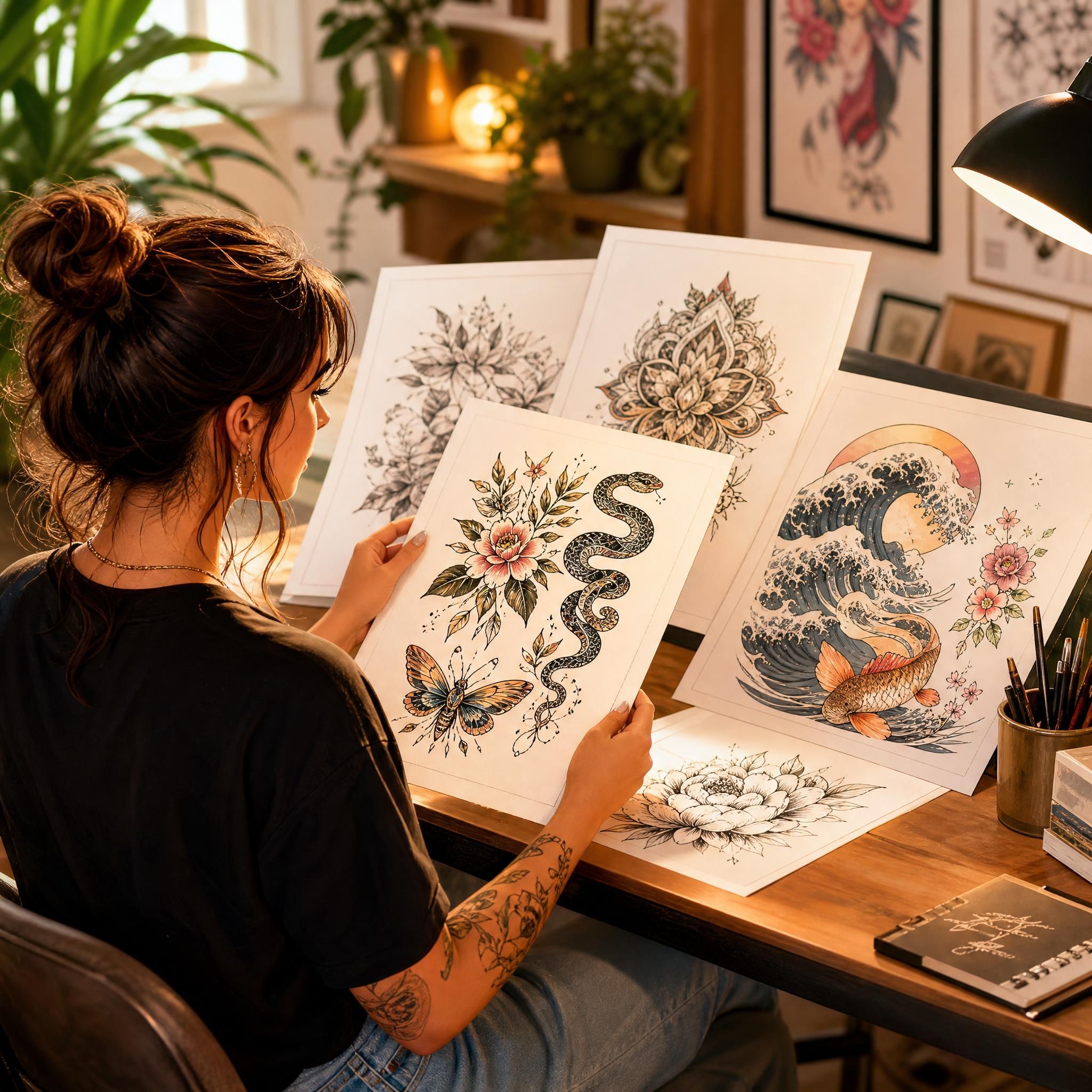 Illustration colorée et illustrative d'une personne découvrant différents styles de tatouage sur des planches artistiques, ambiance chaleureuse et inspirante, sans texte