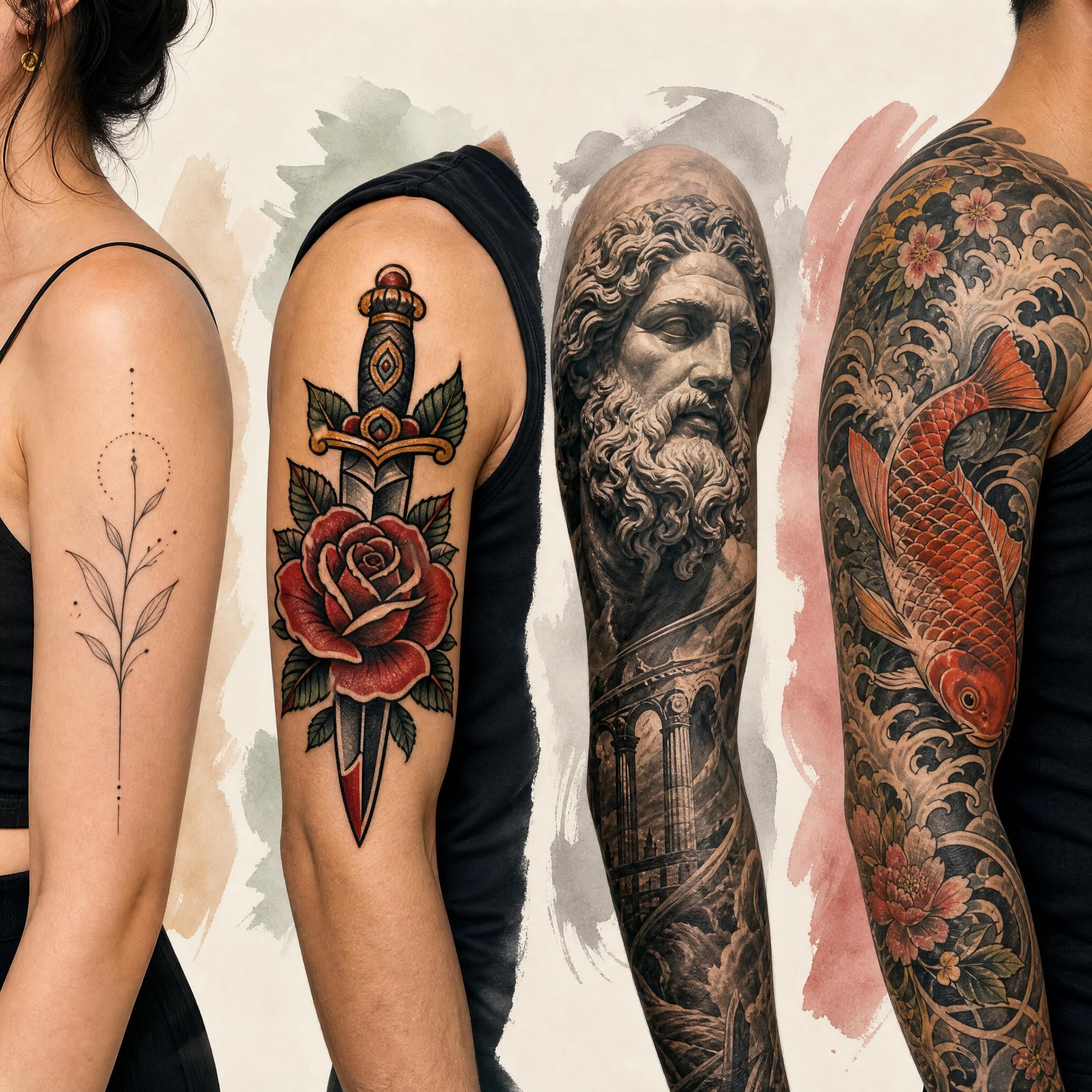 Illustration colorée et illustrative montrant plusieurs styles de tatouage côte à côte — minimaliste, traditionnel, réaliste, japonais — sur fond neutre, sans texte