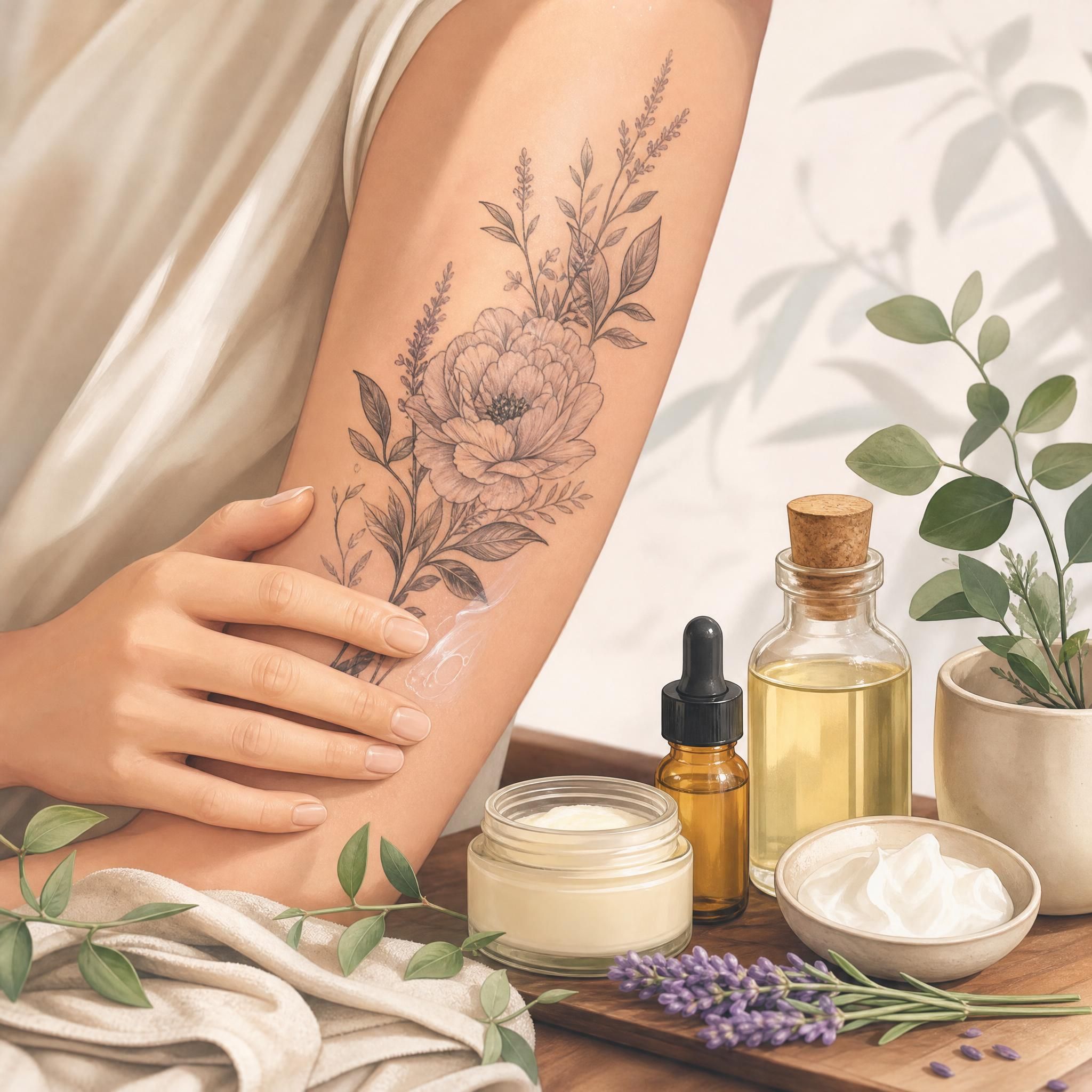 Illustration douce d'une peau tatouée en cours de cicatrisation avec des soins naturels autour, style illustratif sans texte