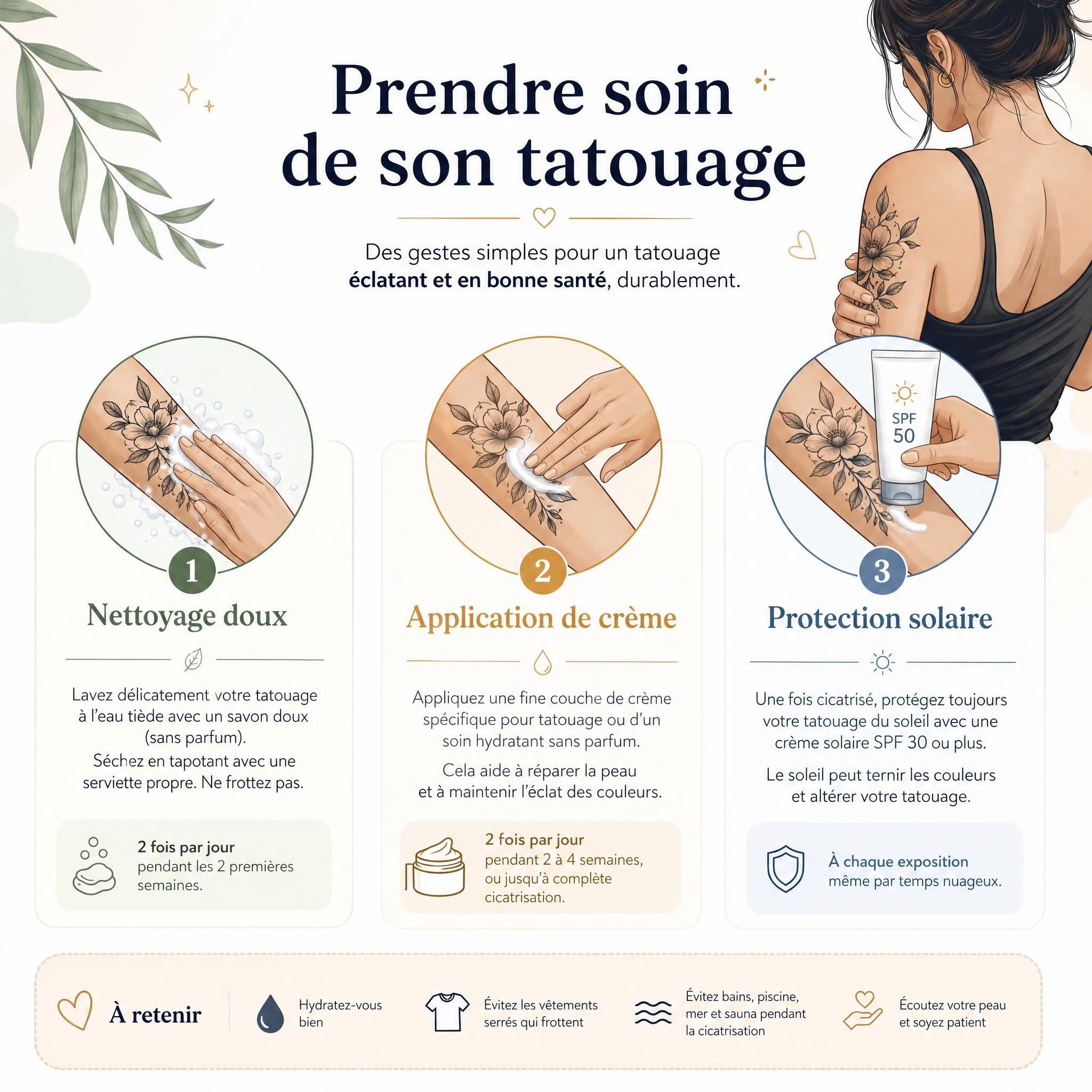 Illustration illustrative montrant les étapes de soin d'un tatouage — nettoyage doux, application de crème, protection solaire — dans un style graphique et bienveillant