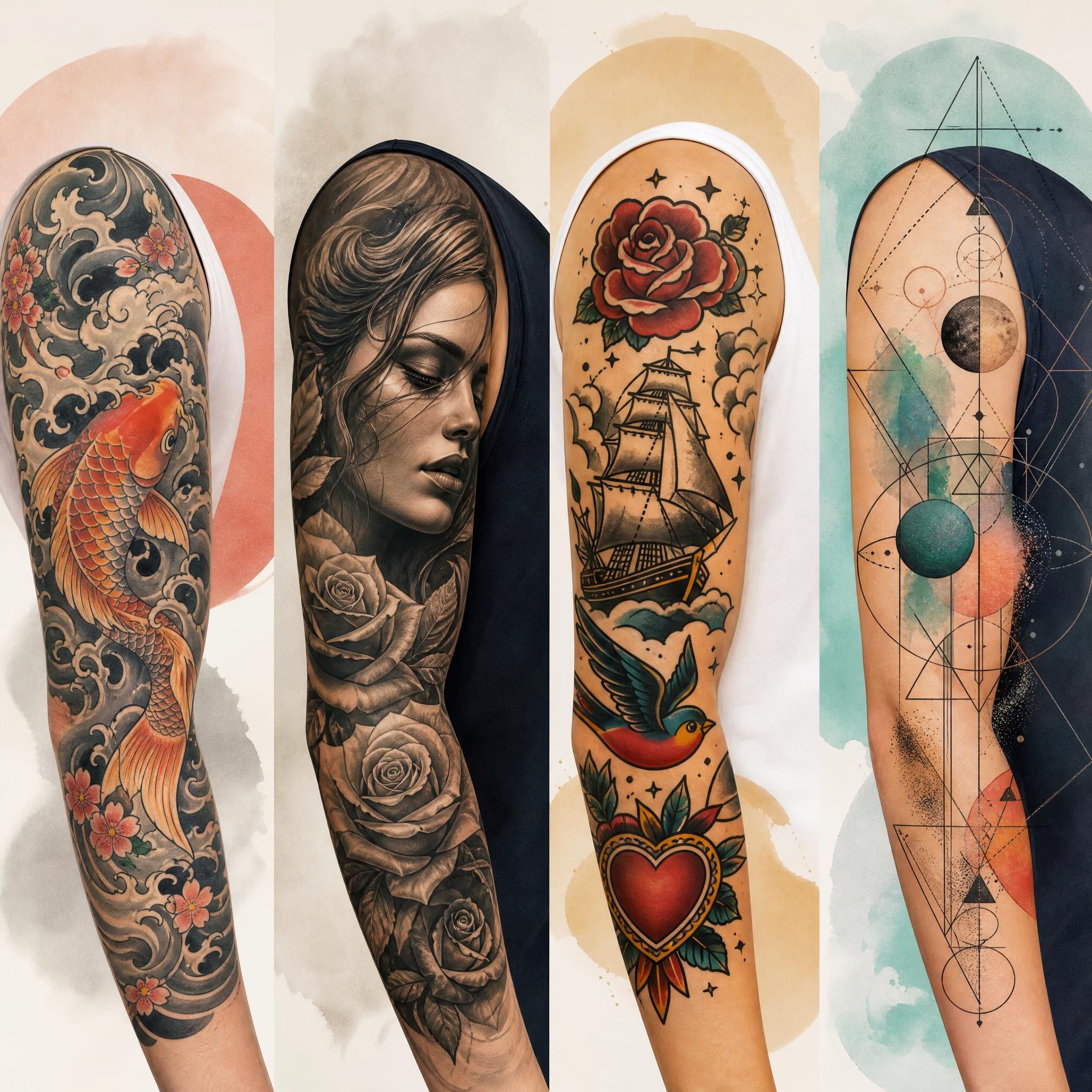 Illustration illustrative représentant différents styles de tatouage côte à côte – japonais, réaliste, old school, géométrique – dans un style doux et coloré sans texte