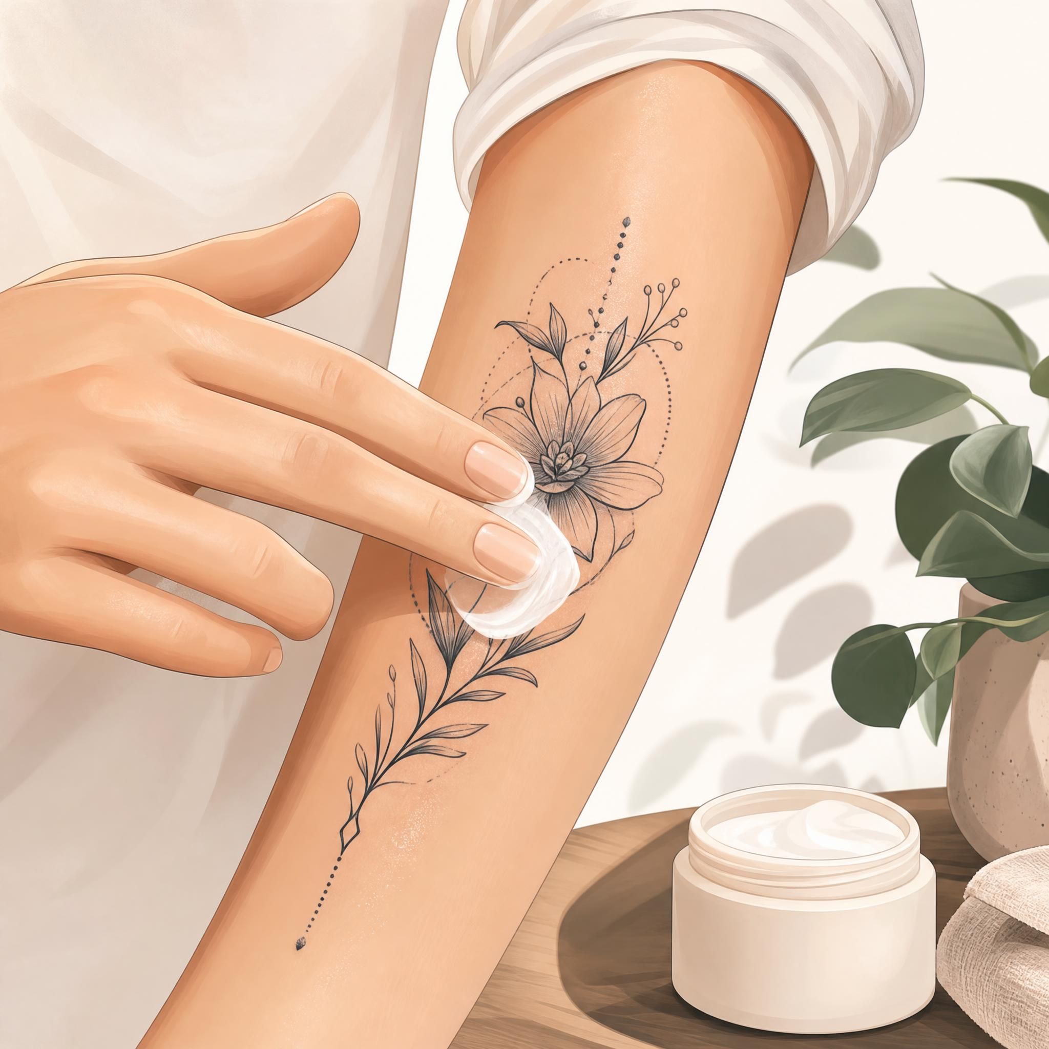 Illustration d'une main appliquant délicatement une crème hydratante sur un tatouage en cours de cicatrisation, style illustratif doux sans texte