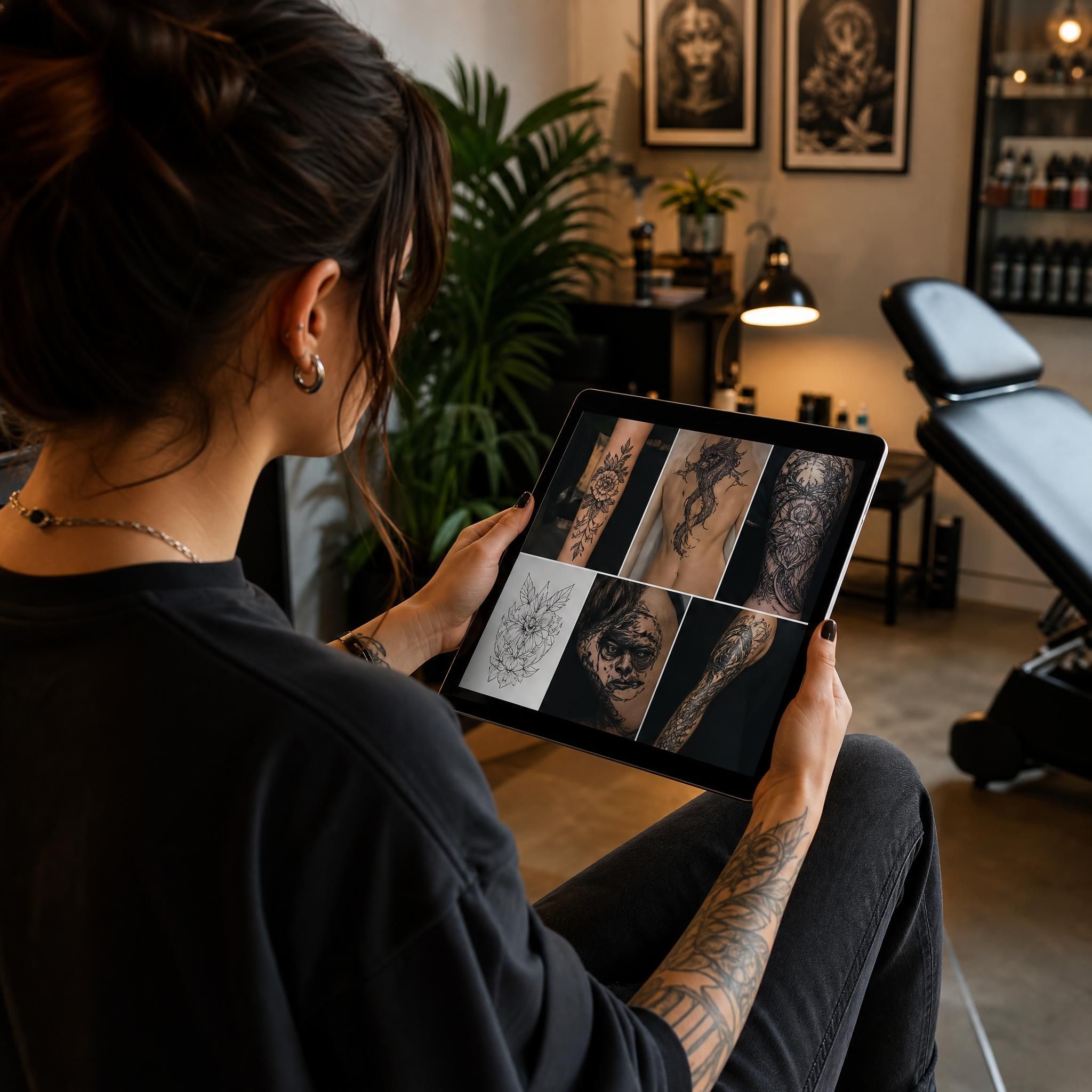Illustration d'une personne consultant un portfolio de tatoueur sur une tablette, ambiance studio moderne, style illustratif chaleureux sans texte