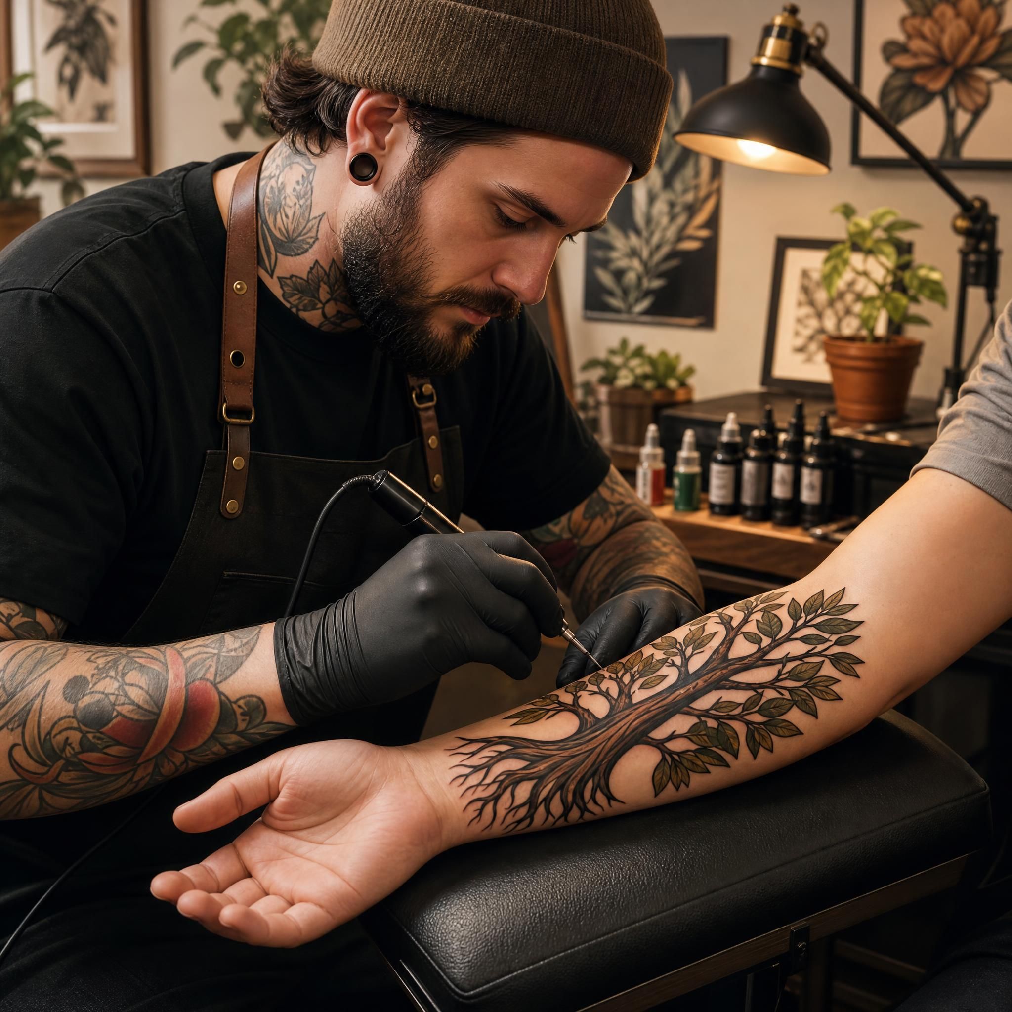 Illustration illustrative montrant un tatoueur en train de dessiner un motif arboricole néo-traditionnel sur un avant-bras, style chaleureux et artistique sans texte