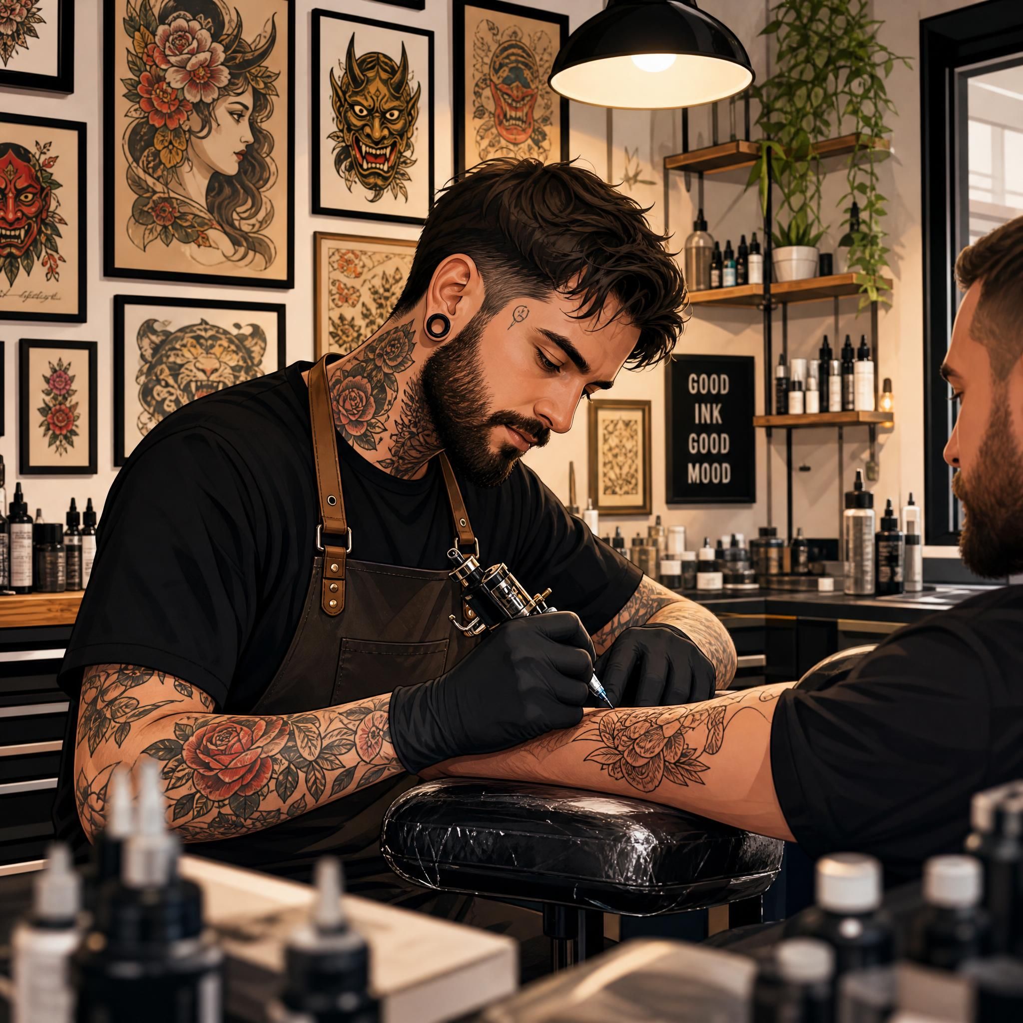 Illustration colorée et illustrative d'un tatoueur au travail dans un studio moderne, entouré de ses créations artistiques accrochées aux murs, ambiance chaleureuse et professionnelle