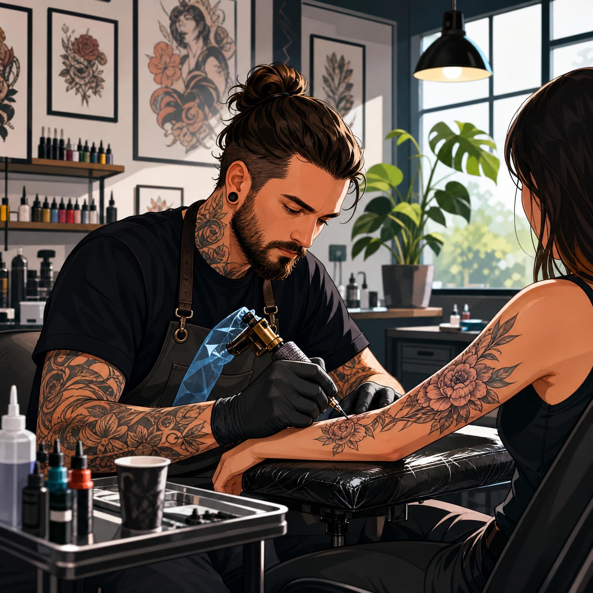 Illustration colorée d'un artiste tatoueur au travail dans un studio moderne, style illustratif sans texte