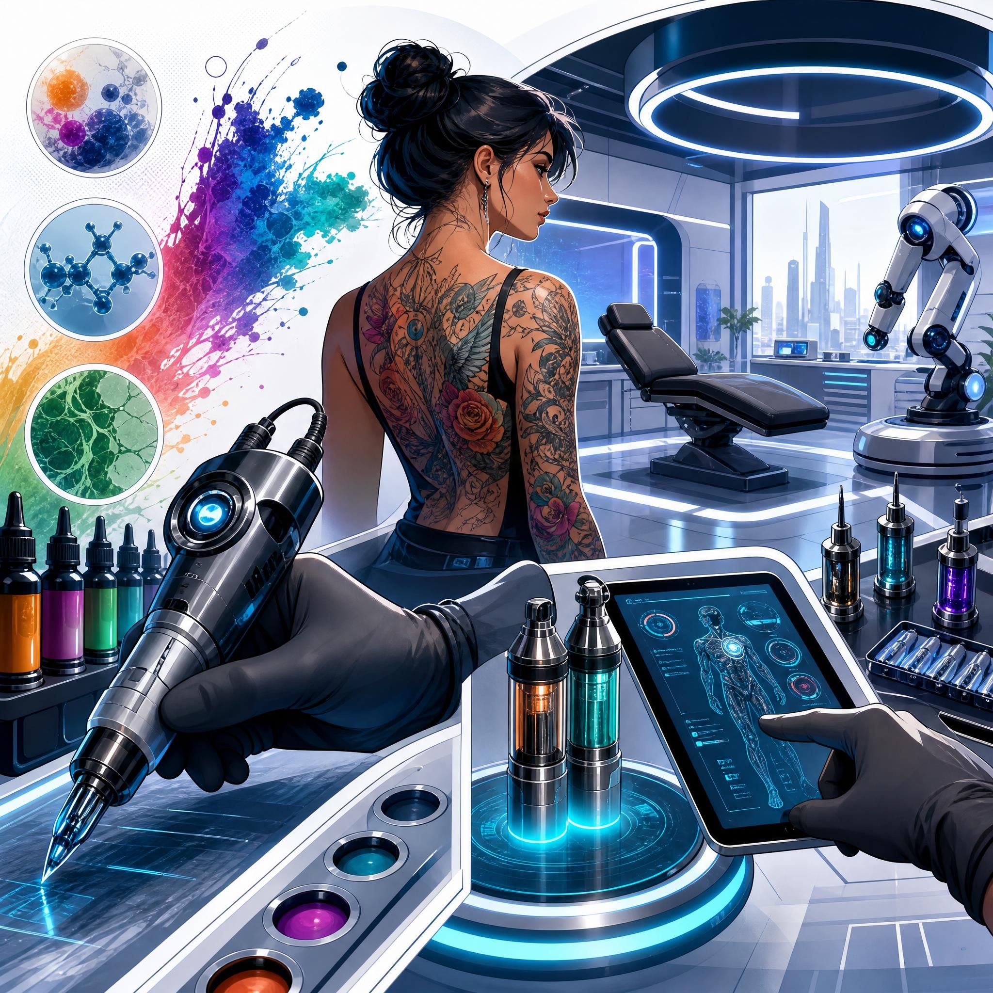 Illustration futuriste et colorée représentant l'évolution du tatouage — encres innovantes, outils high-tech, studio du futur — style illustratif sans texte