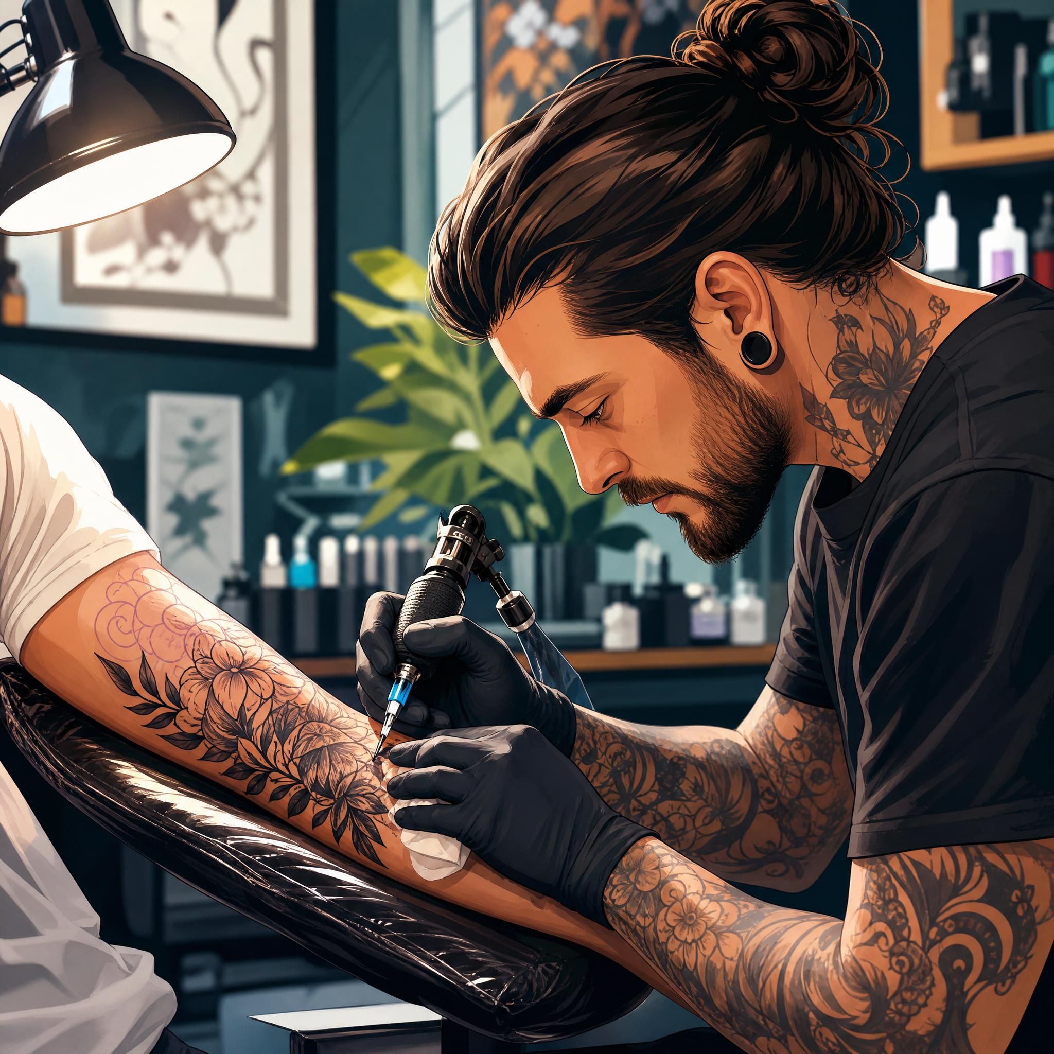 Illustration artistique d'un tatoueur travaillant avec précision sur un bras, style illustratif coloré sans texte