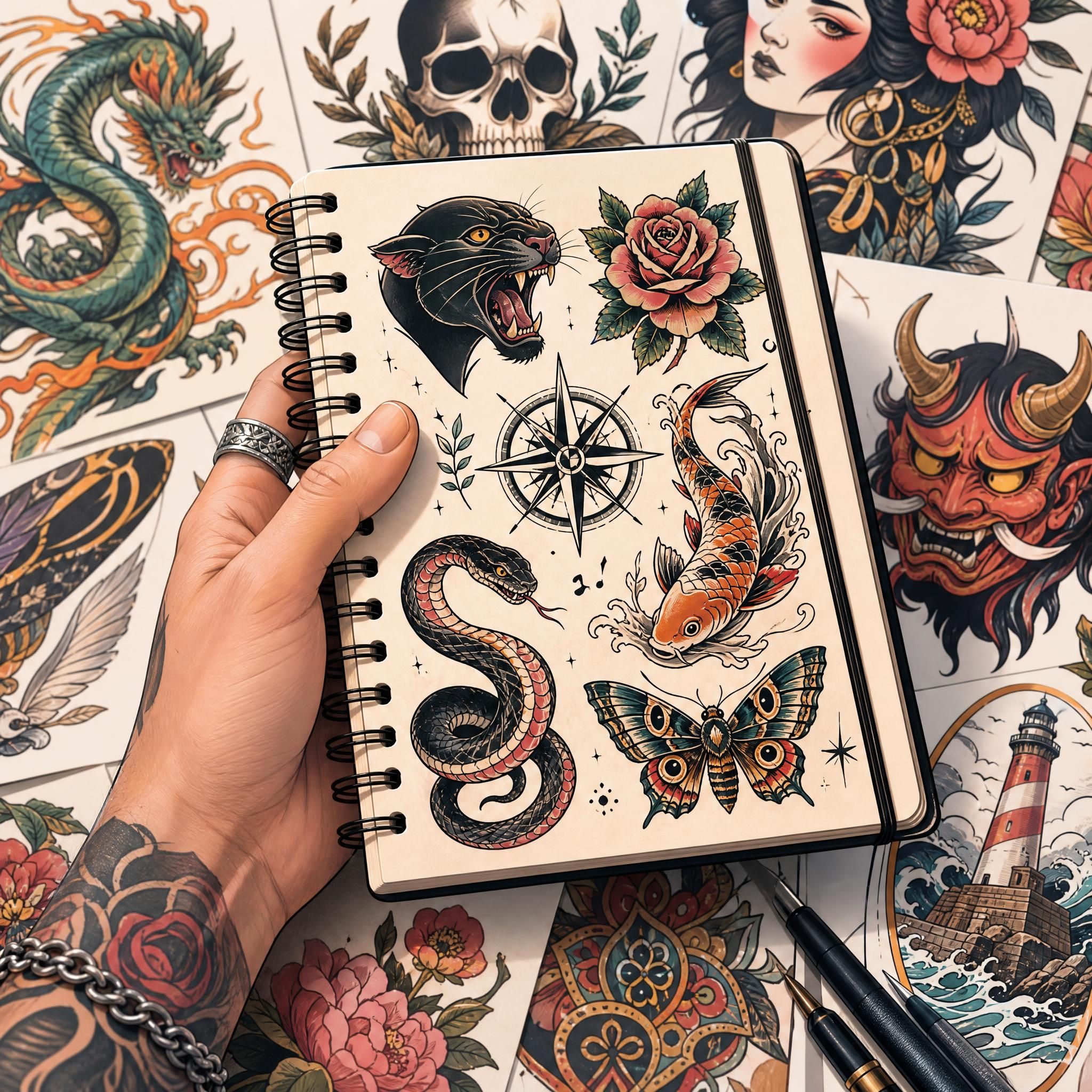 Illustration colorée et stylisée d'une main tenant un carnet de croquis de tatouage avec des motifs variés autour, style illustratif sans texte