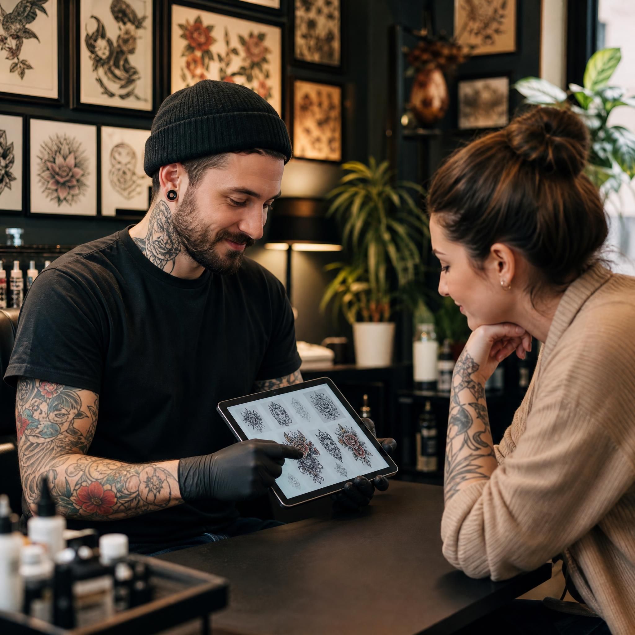 Illustration illustrative d'un tatoueur professionnel dans son studio, regardant un portfolio sur une tablette avec un client, ambiance chaleureuse et professionnelle, sans texte