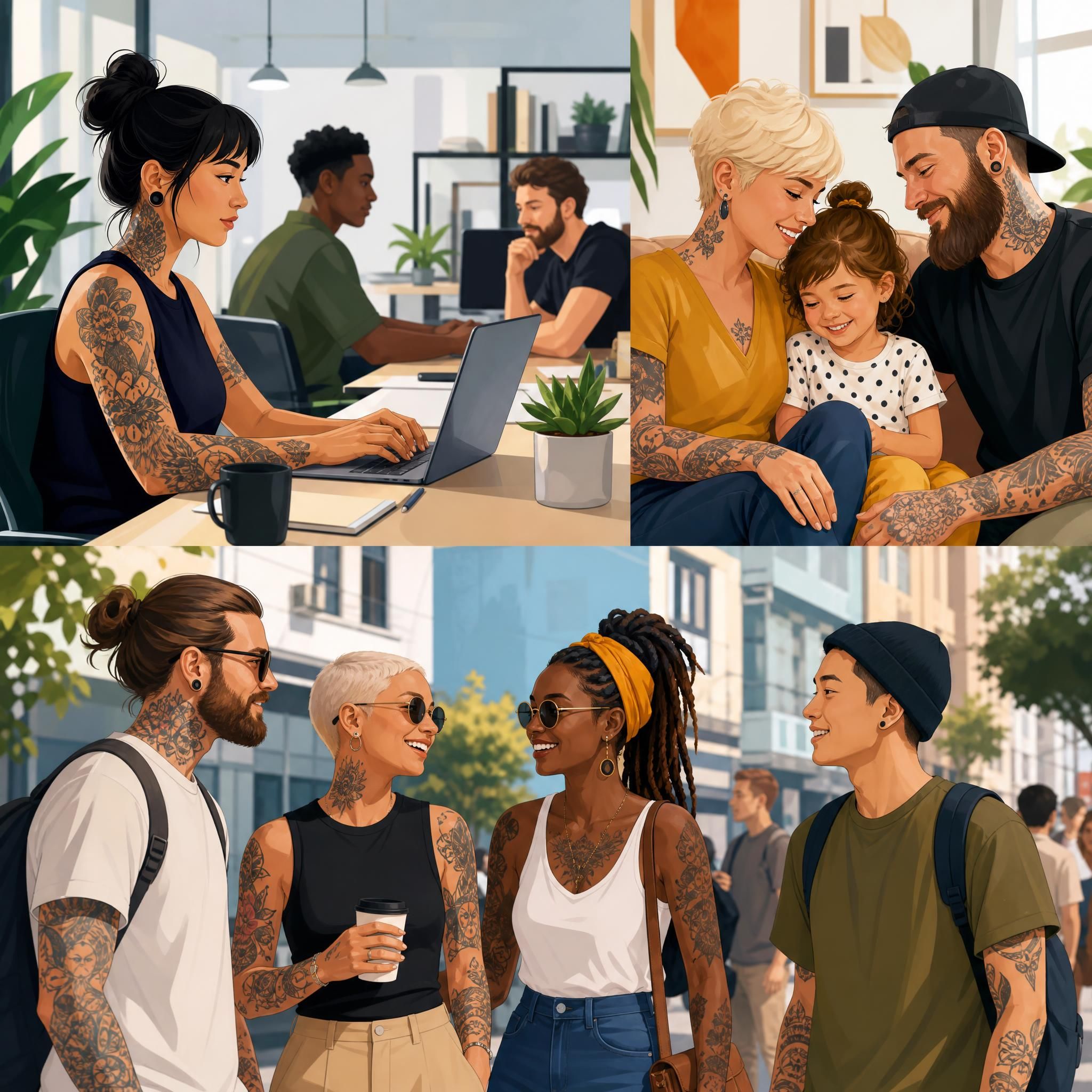 Illustration colorée et illustrative montrant une diversité de personnes tatouées dans des contextes sociaux variés — bureau, famille, rue — sans texte