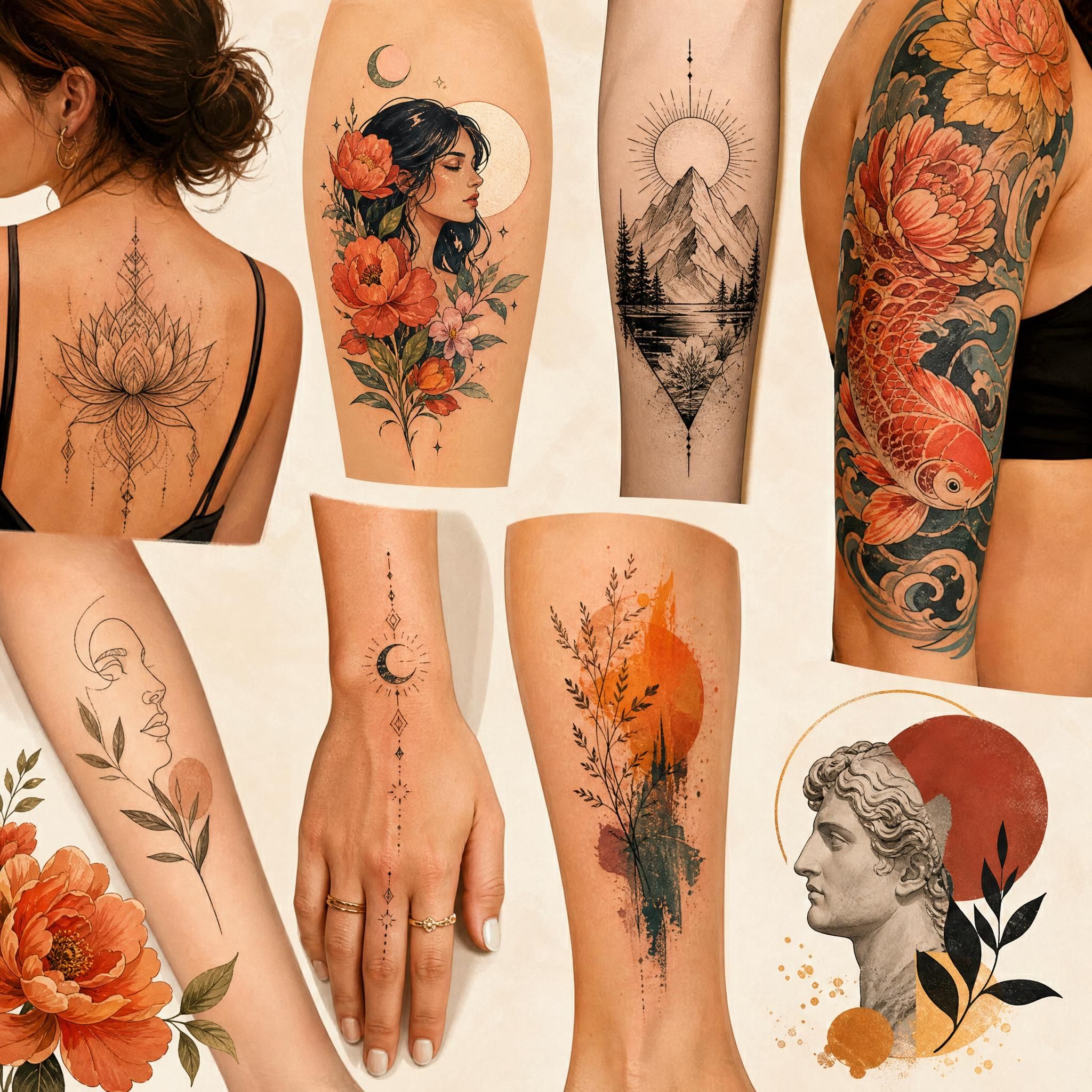 Illustration colorée et illustrative de différents styles de tatouages tendance en 2026, sans texte, tons chauds et artistiques