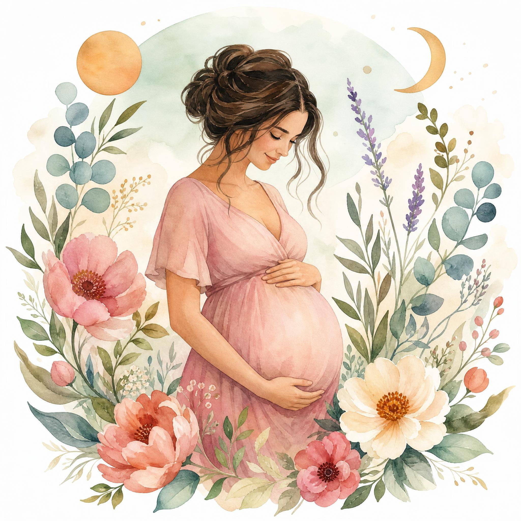 Illustration douce et illustrative d'une femme enceinte entourée de fleurs et de symboles naturels, style aquarelle, sans texte