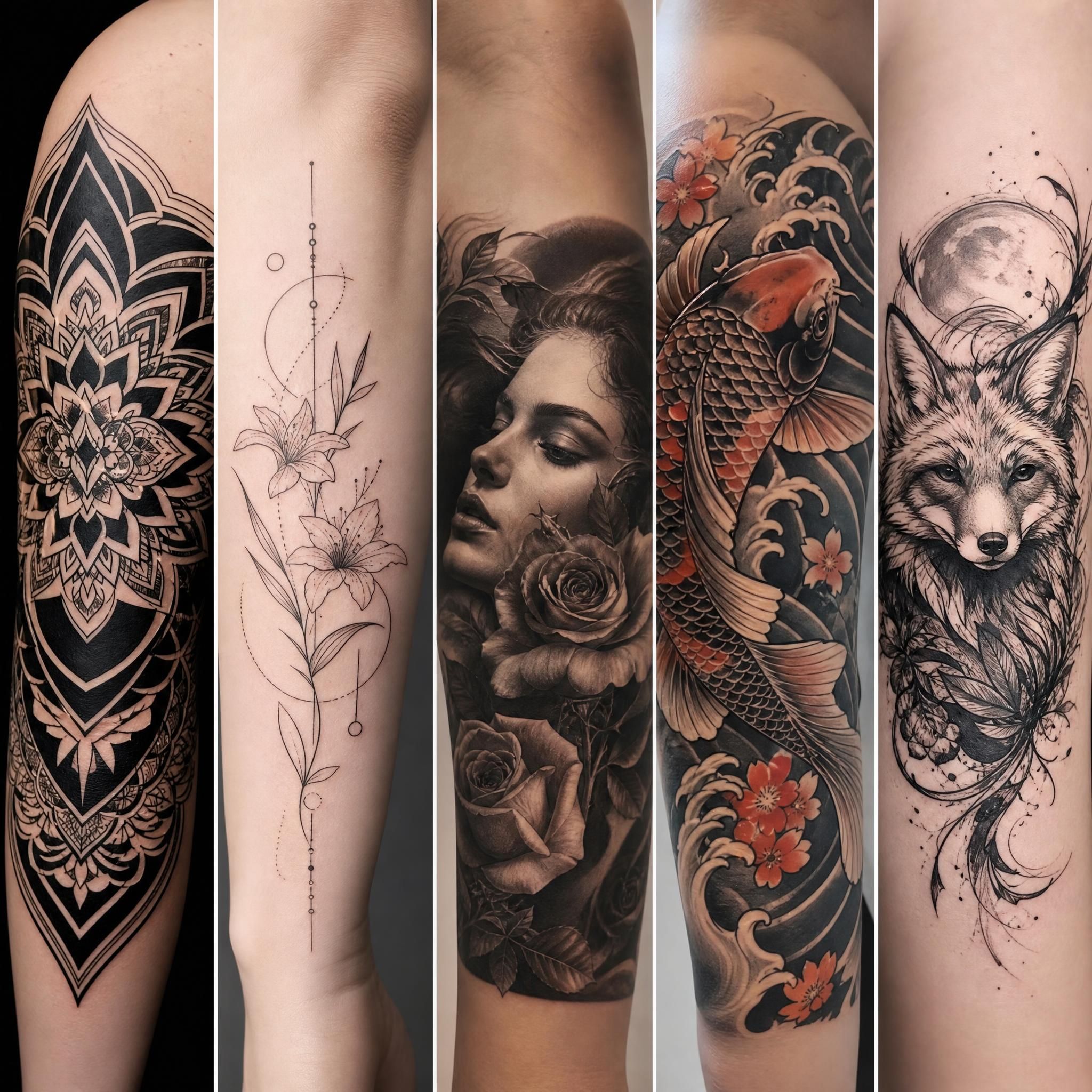 Illustration montrant une comparaison de différents styles de tatouage côte à côte, blackwork, fineline, réalisme, japonais, style illustratif sans texte