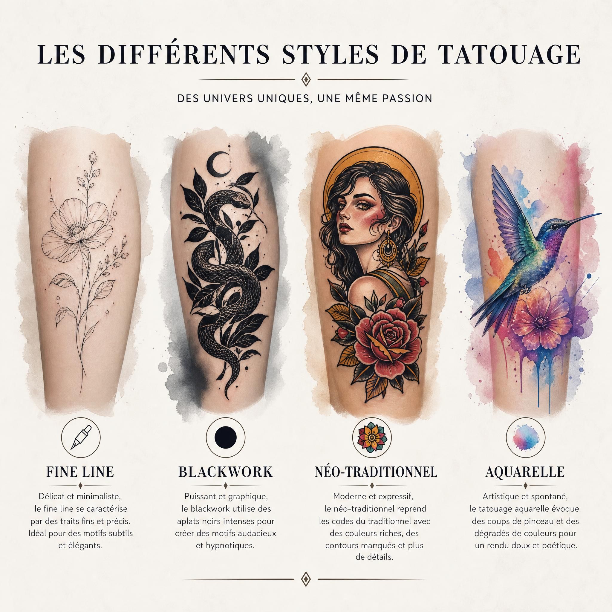 Illustration de différents styles de tatouage côte à côte — fine line, blackwork, néo-traditionnel, aquarelle — style illustratif artistique