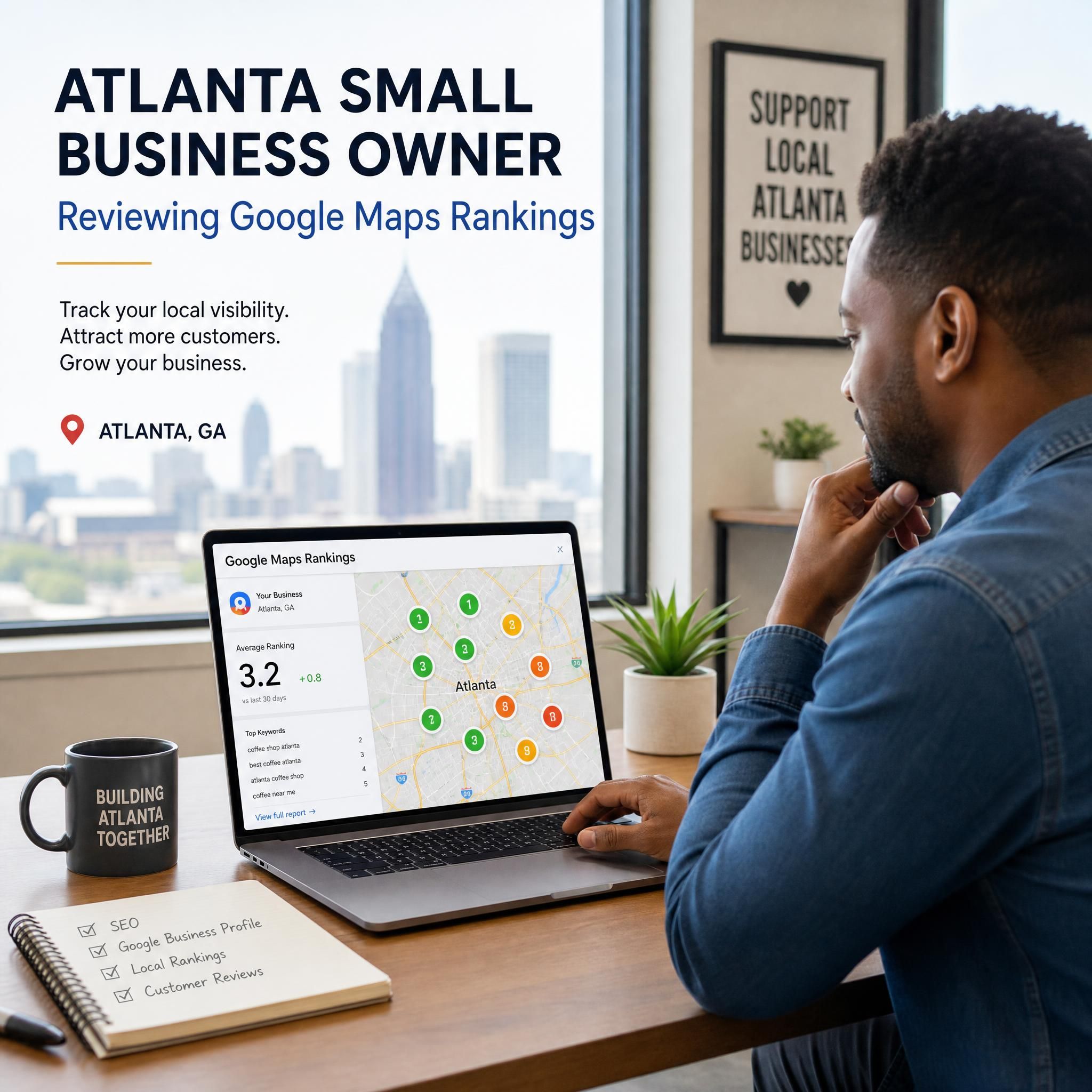 Atlanta small business owner reviewing Google Maps rankings on laptop in a modern office setting