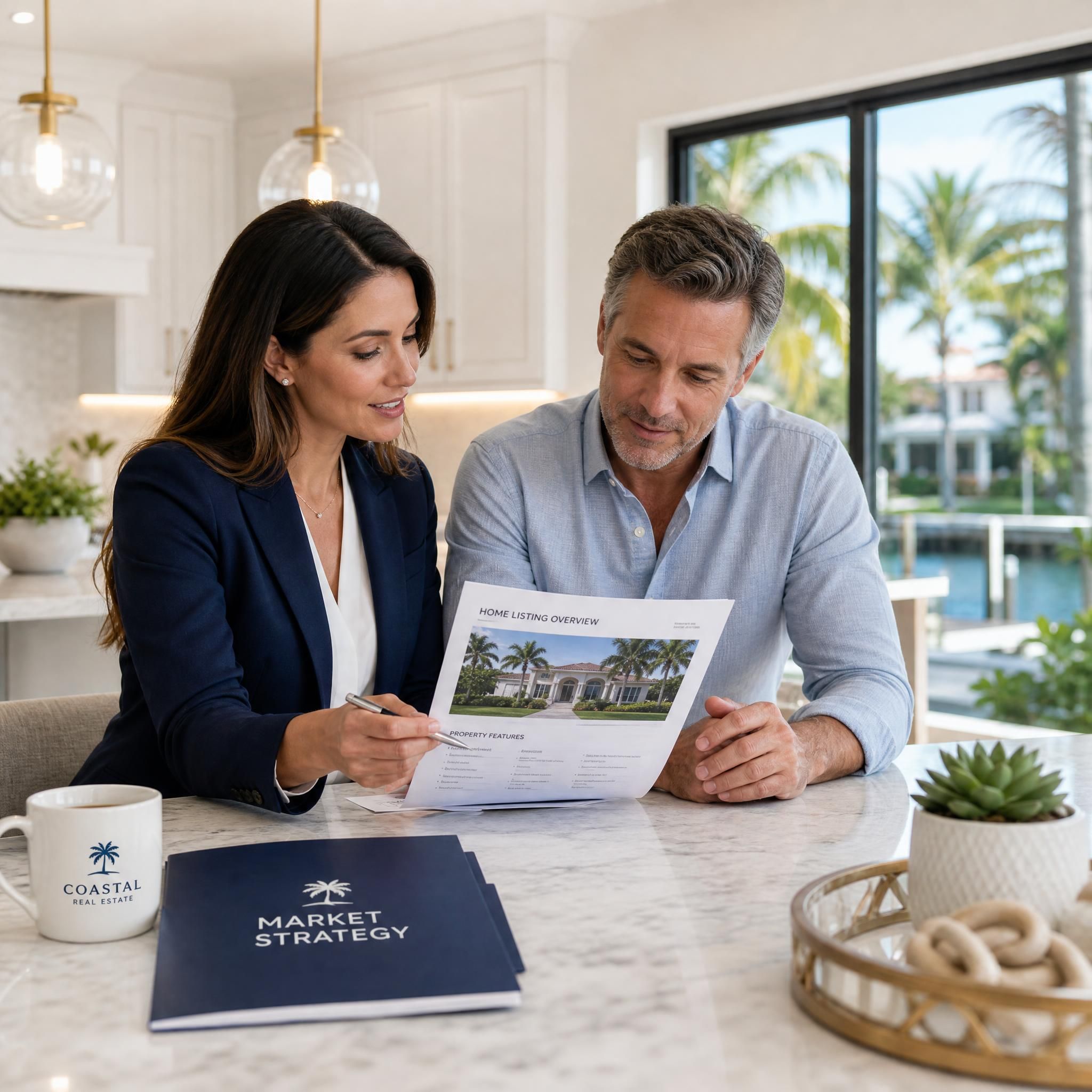 Professional real estate agent reviewing home listing documents with a seller at a kitchen table in a staged South Florida home, representing expert seller representation