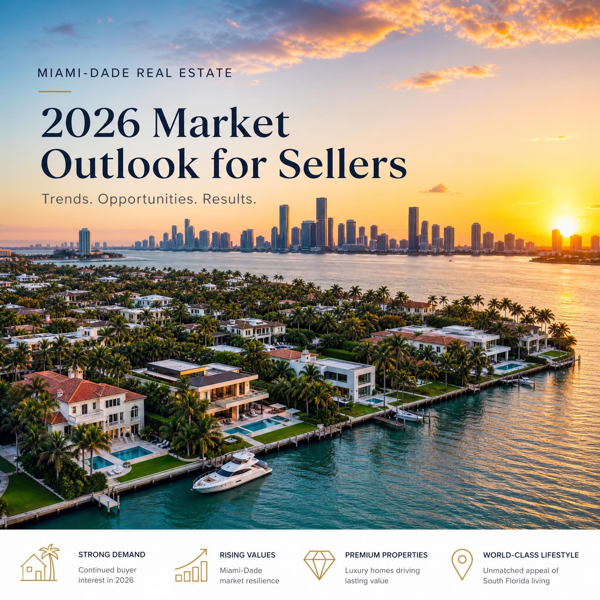 Aerial view of Miami-Dade luxury waterfront properties and South Florida skyline at sunset, representing the 2026 real estate market for sellers