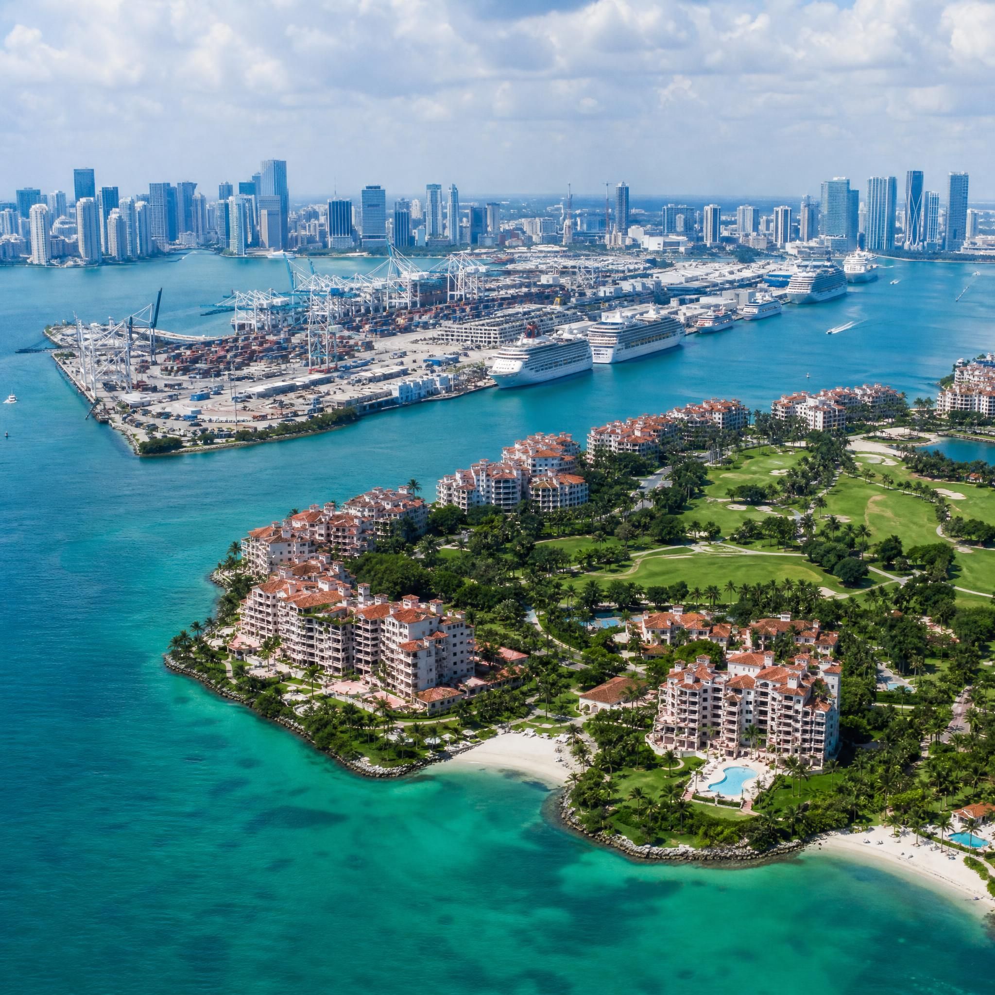 Fisher Island and PortMiami aerial photograph illustrating Miami-Dade County's high-value real estate landscape and ongoing development activity