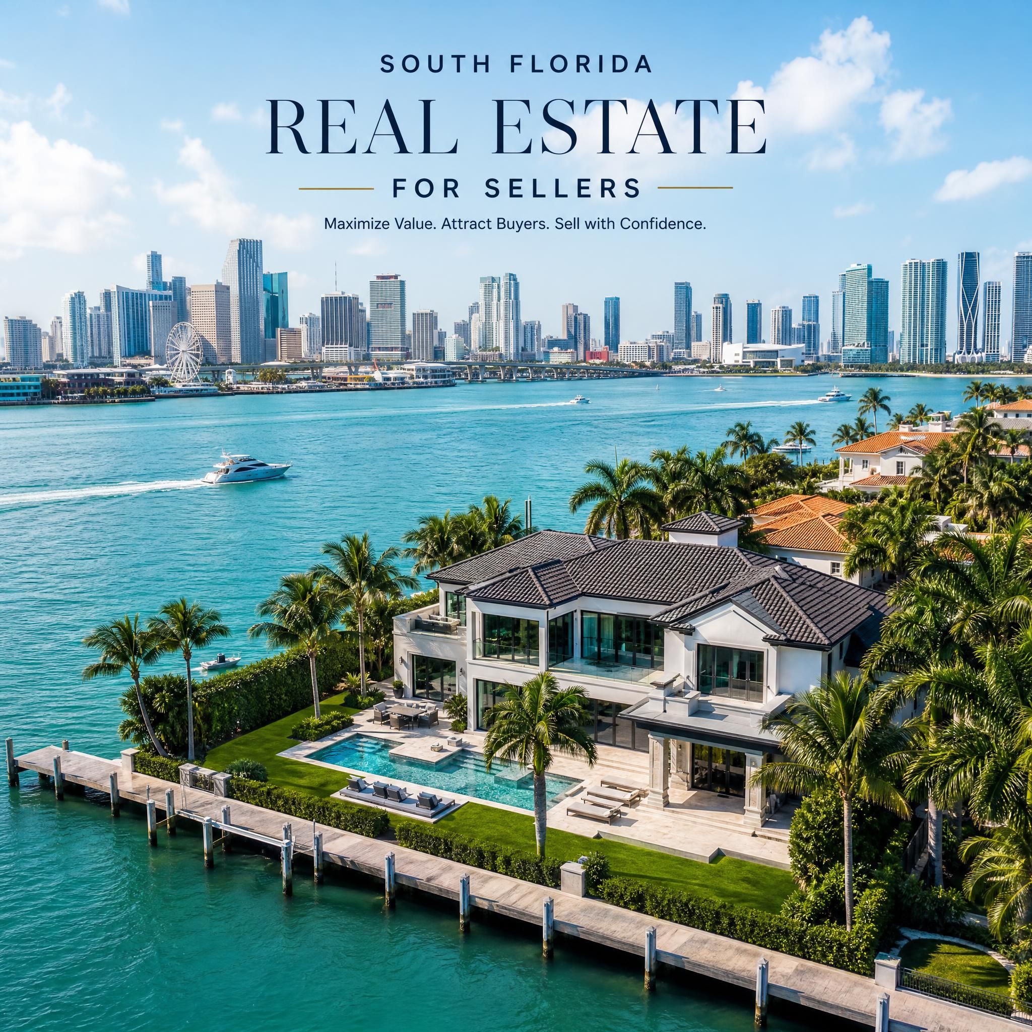 Aerial view of a luxury waterfront home in Miami-Dade County with the Miami skyline in the background, representing South Florida real estate for sellers