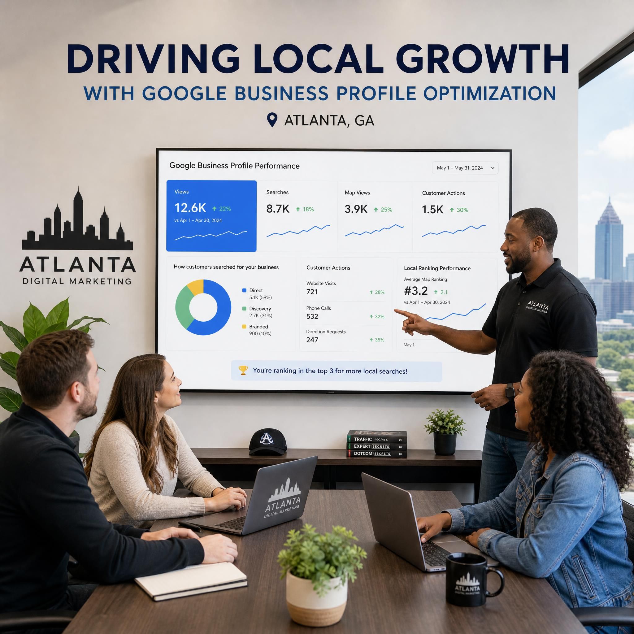 Atlanta digital marketing agency team reviewing Google Business Profile analytics dashboard showing local ranking improvements