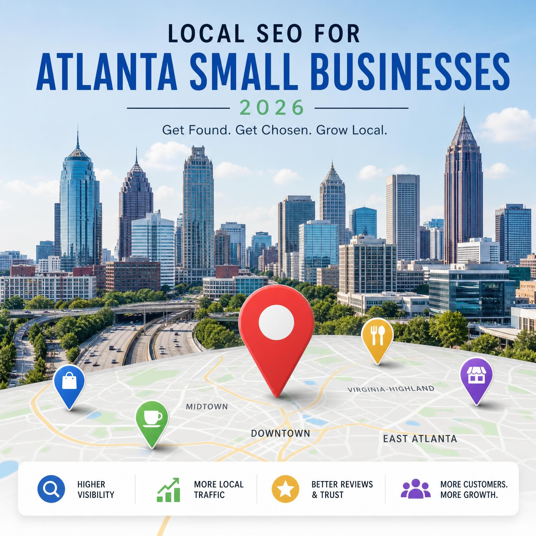 Atlanta skyline with Google Maps pins overlaid, representing local SEO for Atlanta small businesses in 2026