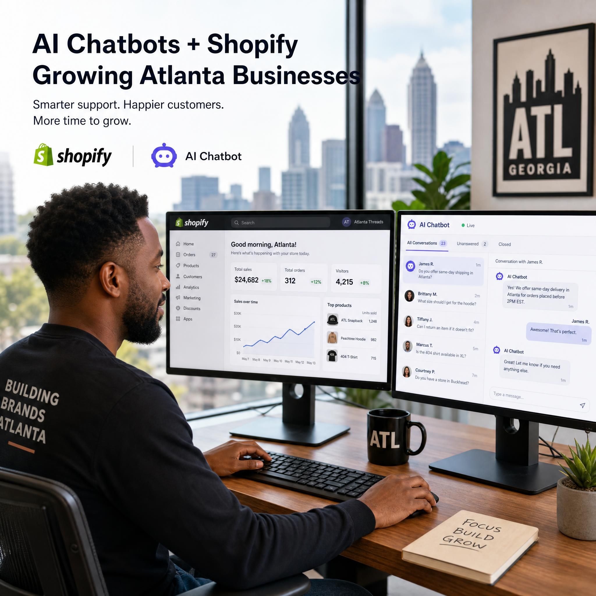 Atlanta ecommerce business owner using Shopify dashboard with AI chatbot interface on a second monitor showing live customer conversations