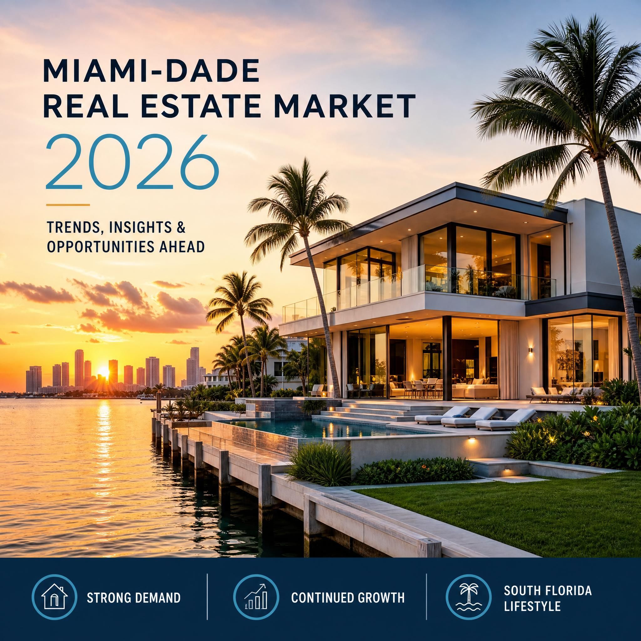 Stunning waterfront luxury home in Miami-Dade County at sunset, reflecting South Florida real estate market 2026