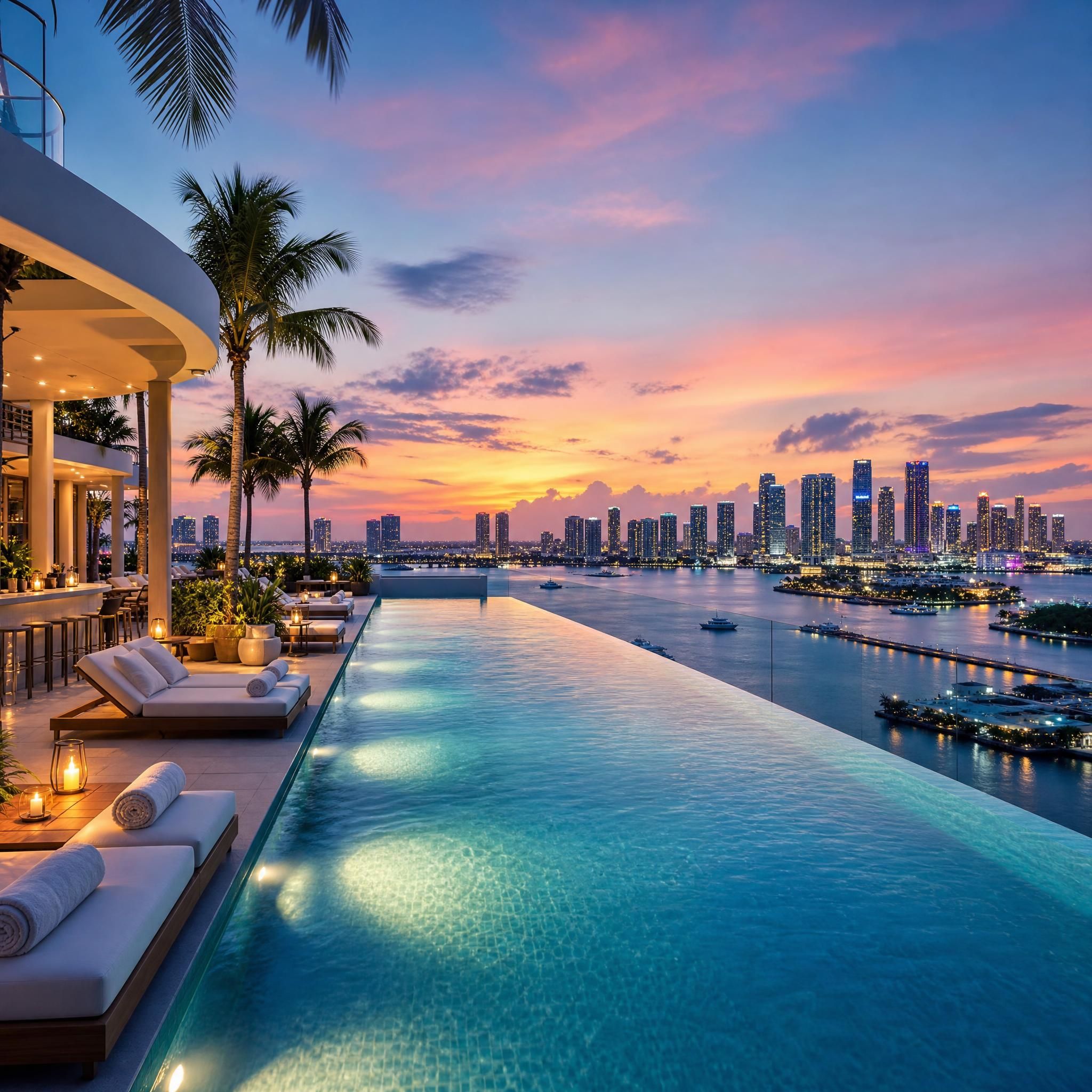 Rooftop infinity pool at a luxury Miami condo tower with panoramic views of Biscayne Bay, the Miami skyline at dusk, and resort-style amenities deck