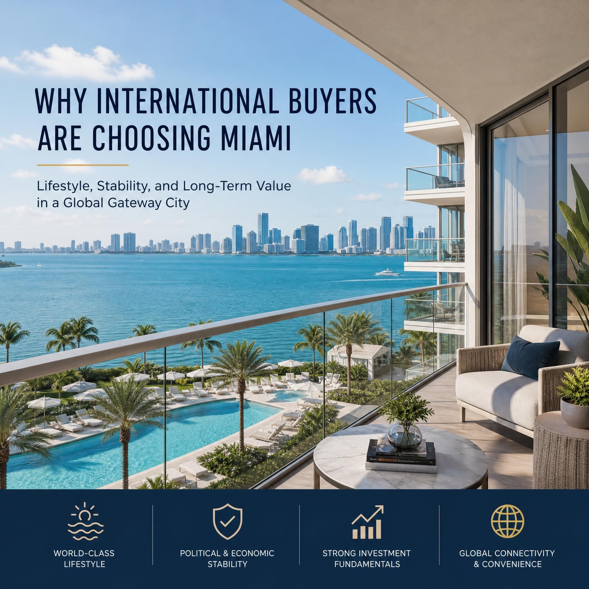 Luxury waterfront condo balcony overlooking Biscayne Bay with resort-style pool deck, representing the lifestyle appeal driving international buyer demand in Miami