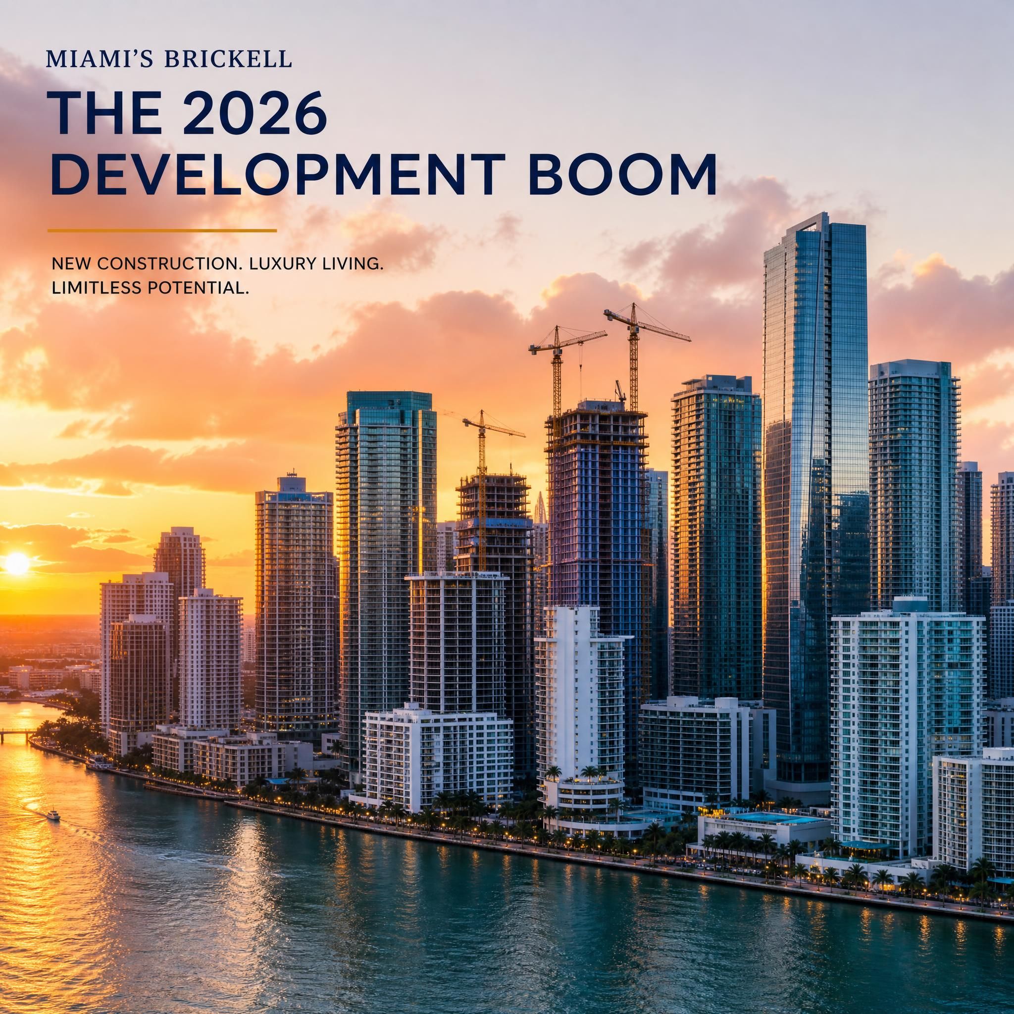 Aerial sunset view of Miami's Brickell skyline with Biscayne Bay waterfront luxury towers and new construction cranes reflecting the 2026 development boom