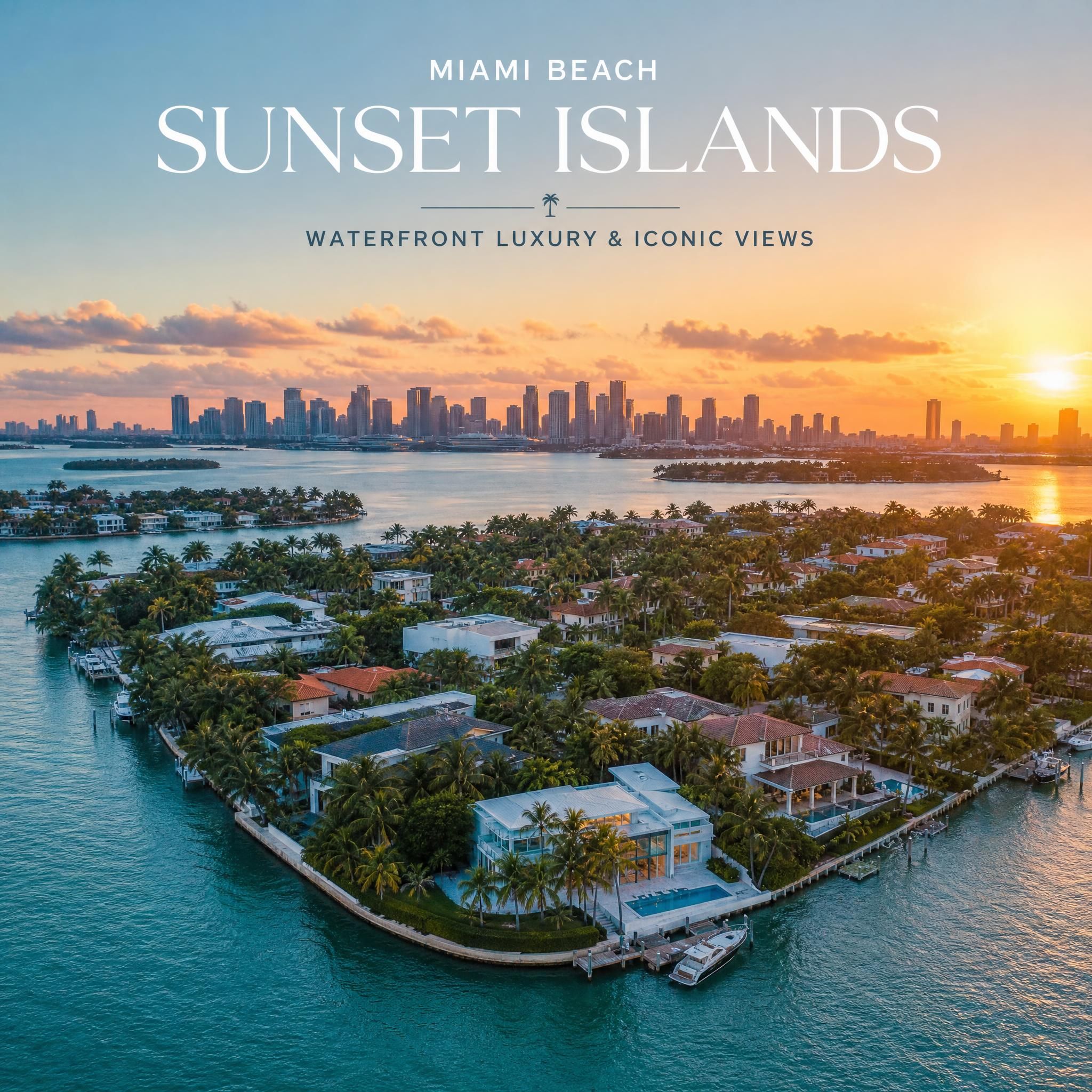 Miami Beach Sunset Islands waterfront compound aerial view showing bayfront luxury properties and the iconic Miami skyline backdrop