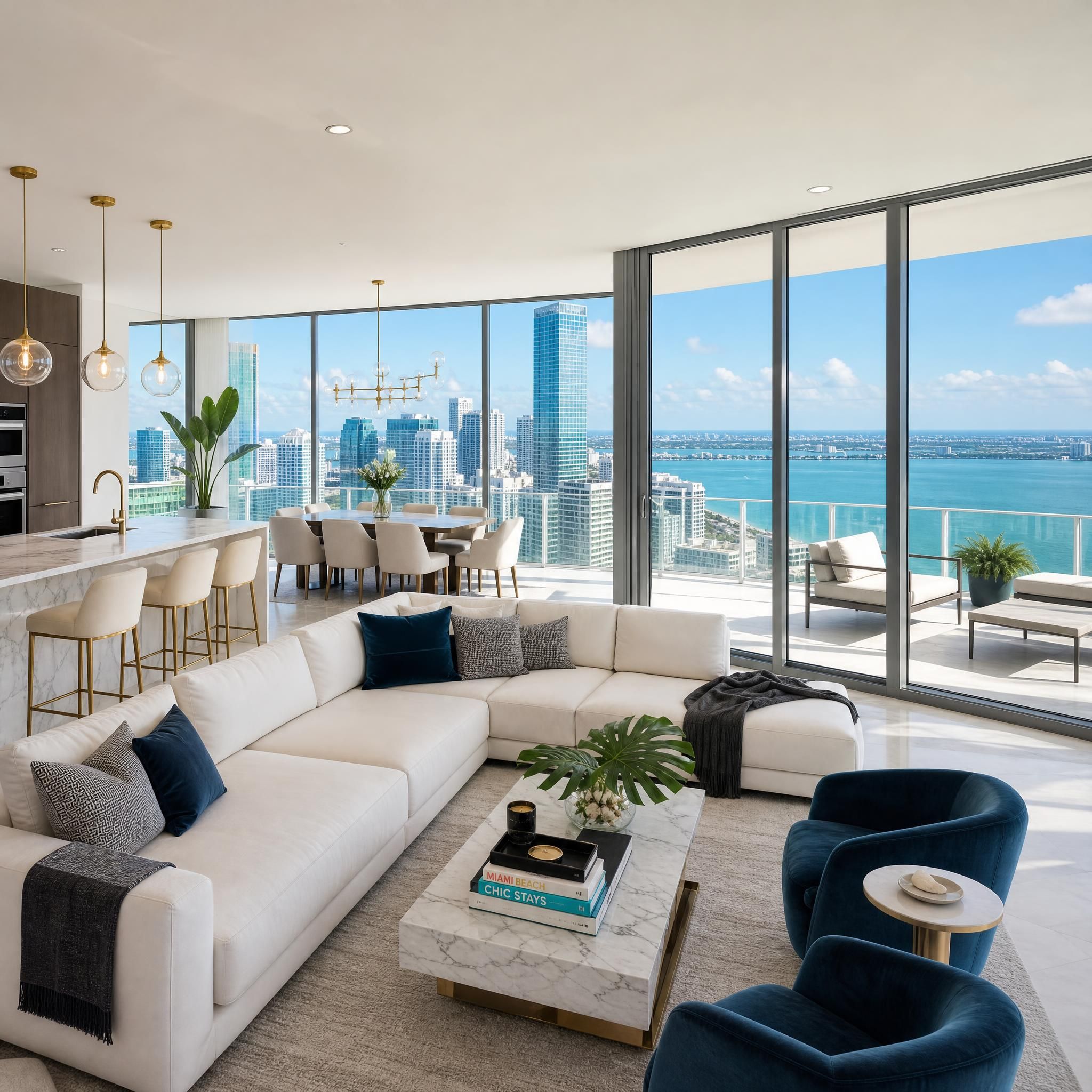 Stunning luxury condo interior with floor-to-ceiling windows overlooking the Miami skyline, featuring an open-plan living space with designer furnishings and ocean views