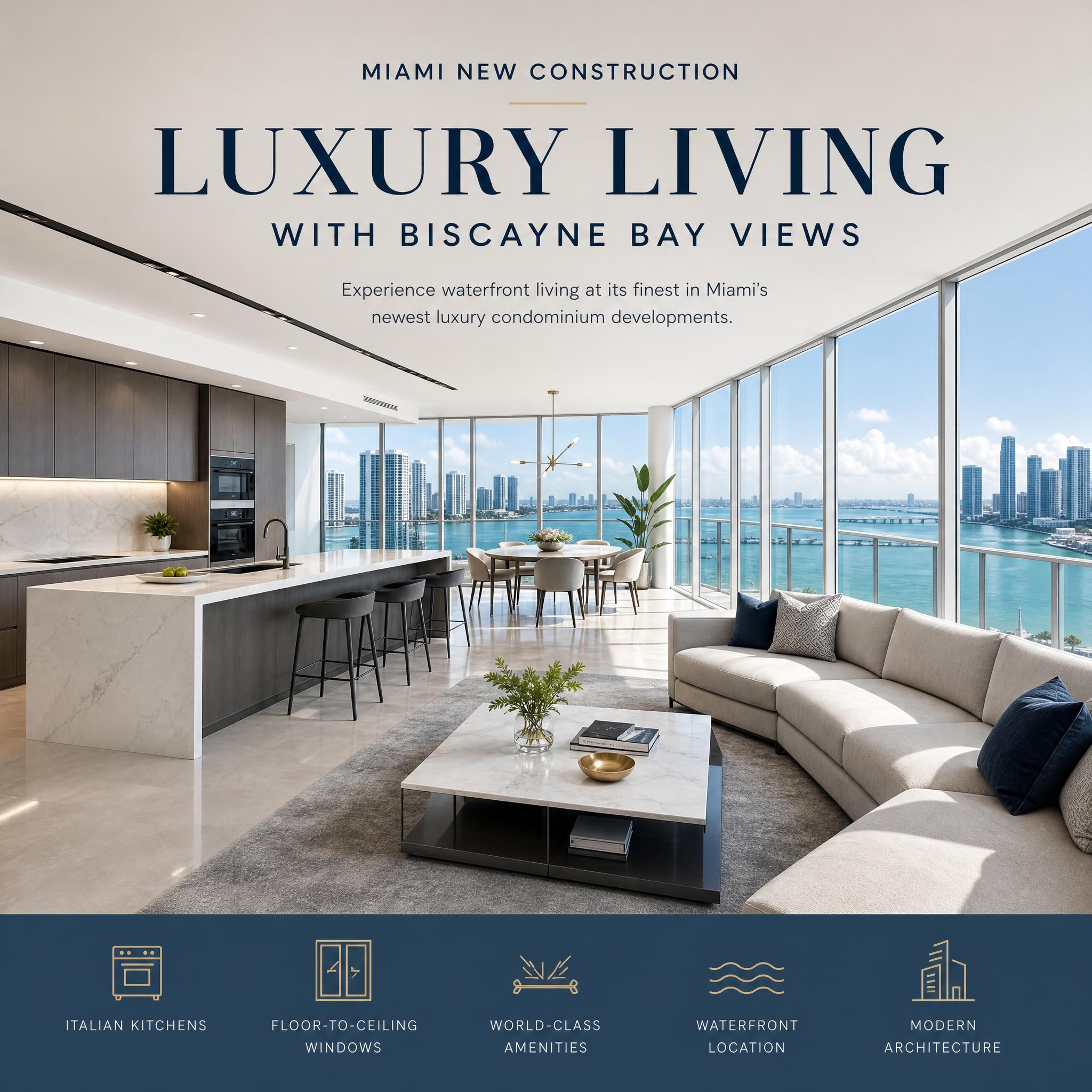 Luxury condo interior in Miami new construction development featuring floor-to-ceiling windows, open-concept living space, Italian kitchen, and panoramic Biscayne Bay views